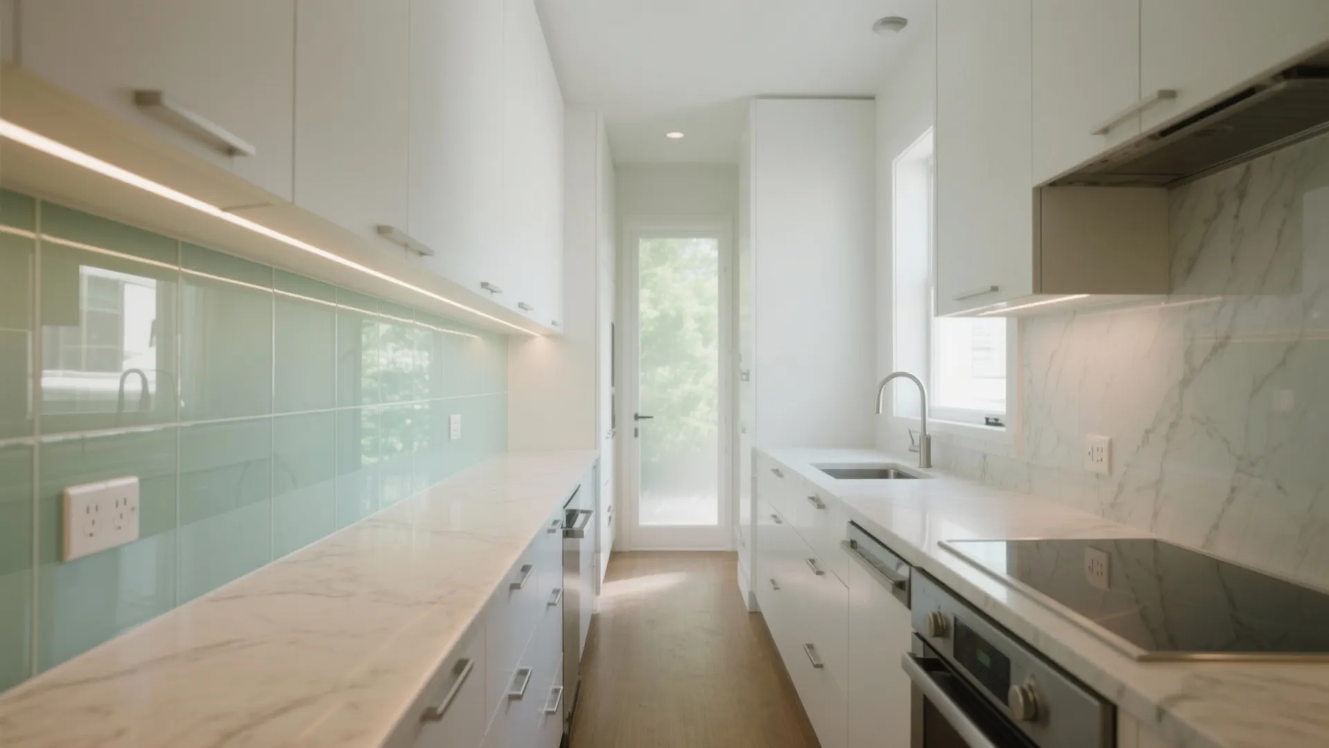 Glass Backsplash and Layered Lighting for Brightness