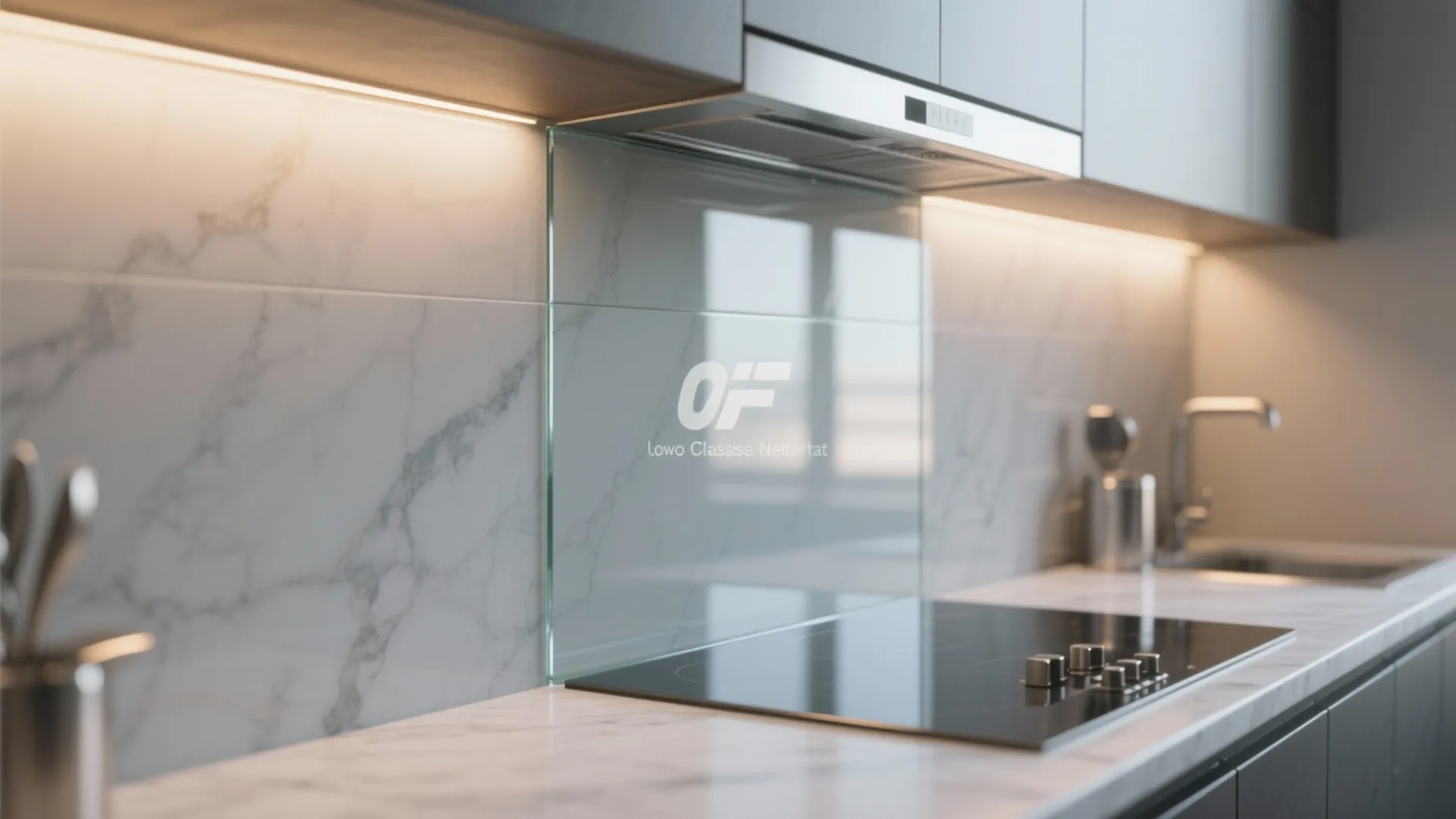 Modern kitchen with marble wall white countertop black stove top and glass protector under cabinet lighting