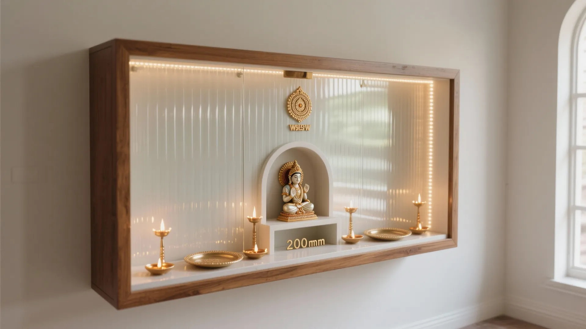 Modern wall mounted prayer cabinet with glass back panel small statue and small golden oil lamps