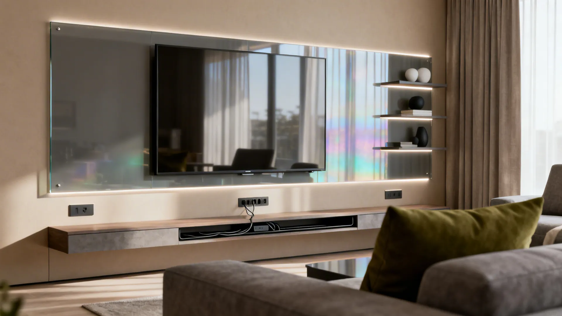 TV wall with a smoke-gray back-painted glass panel that reflects soft daylight in a modern living room.