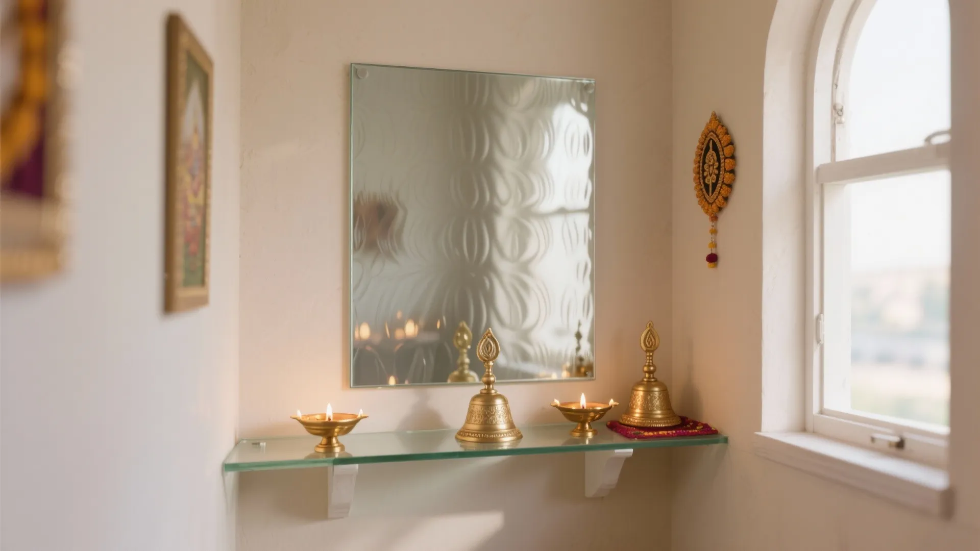 Glass shelf with golden bells and oil lamps in front of a patterned wall mirror