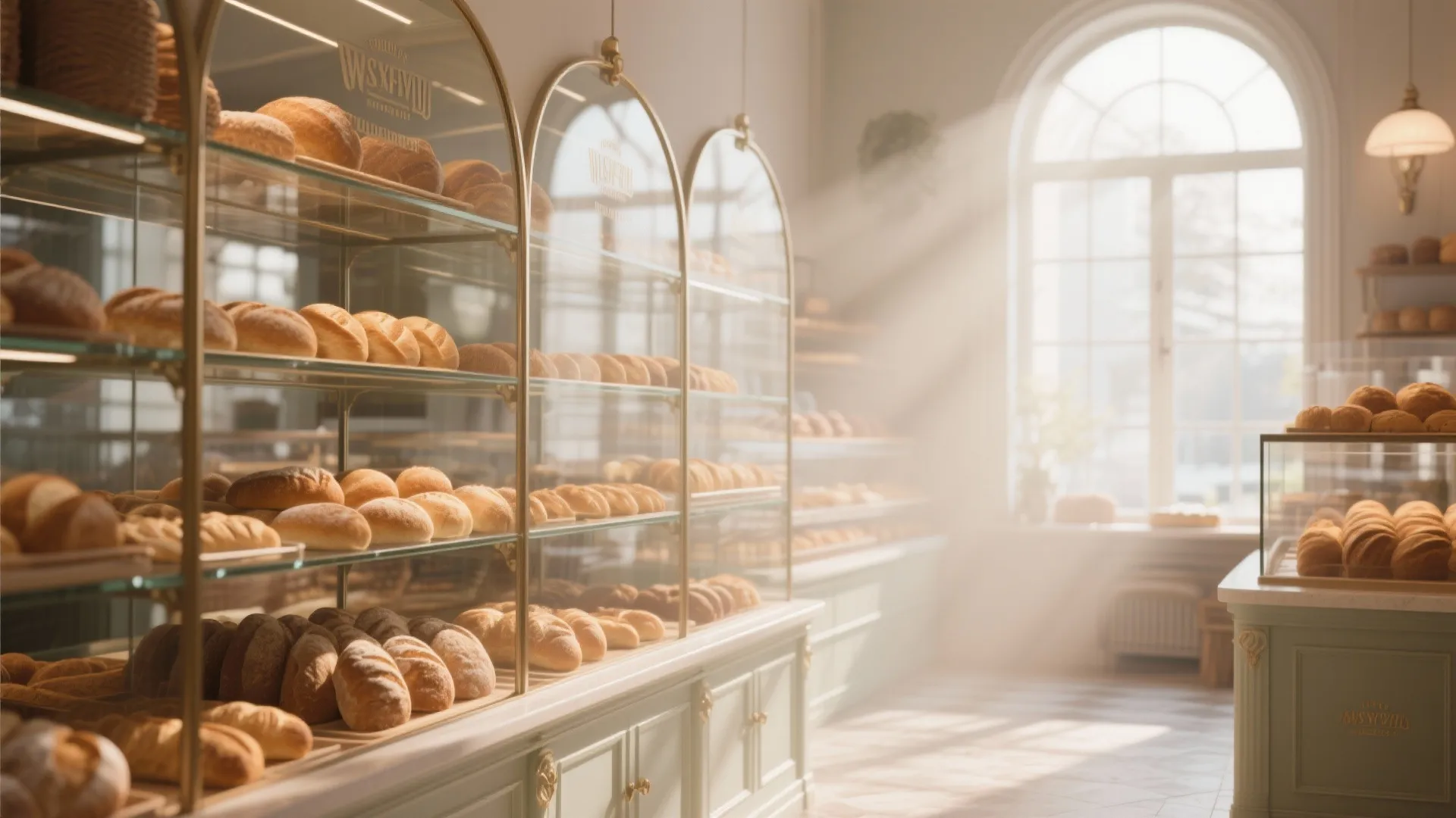 Bakery interior with glass display cabinets full of fresh bread lit by warm sunlight through
