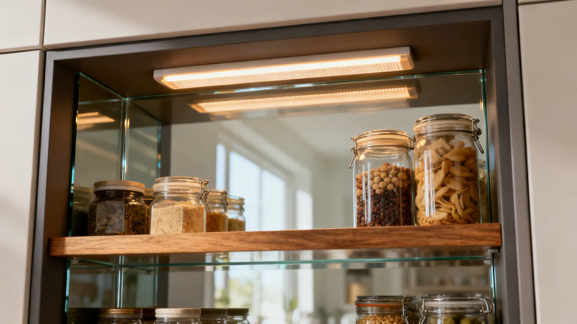 Macro detail of a pantry niche with a glass back and warm LED task lighting.