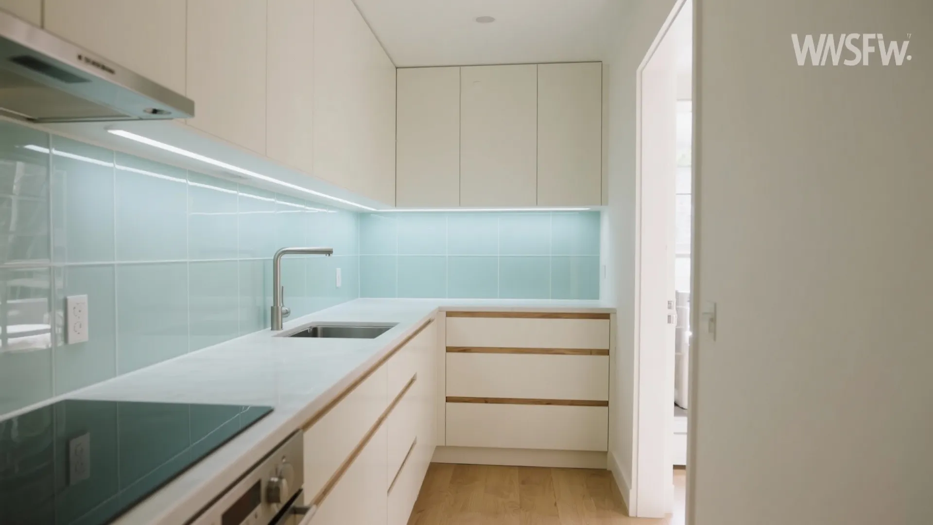 Minimalist white kitchen with blue glass tile wall light fixtures under cabinets and wood floor