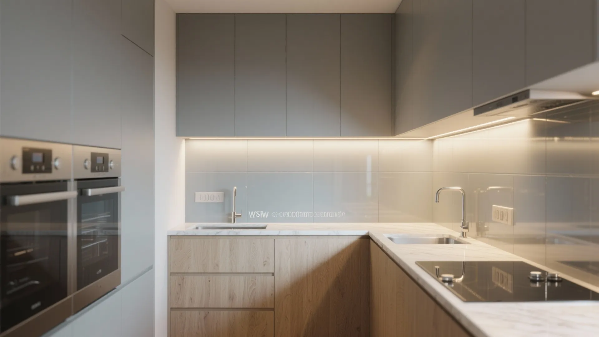 Small modern kitchen with grey cabinets wooden drawers marble countertop and integrated black electric stove top