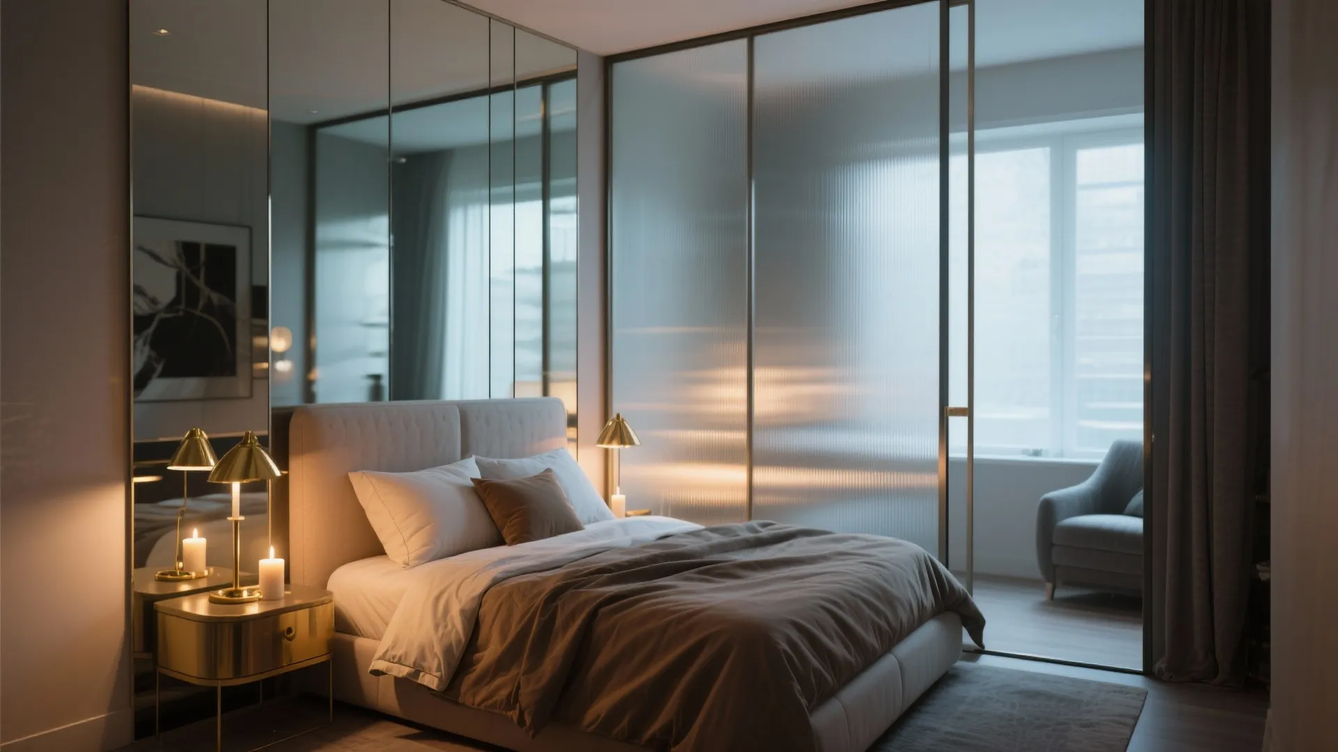 Small bedroom with a mirrored headboard and frosted glass partition that increase perceived depth.