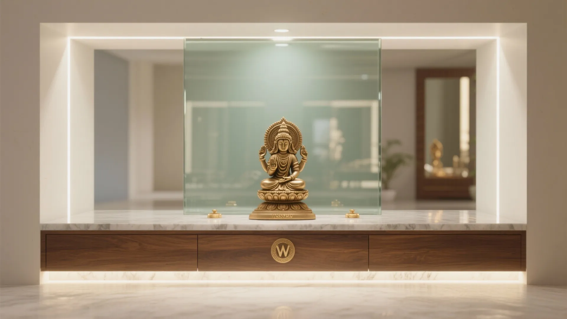 Golden statue placed on a marble shelf with wood cabinet and a clear glass backdrop