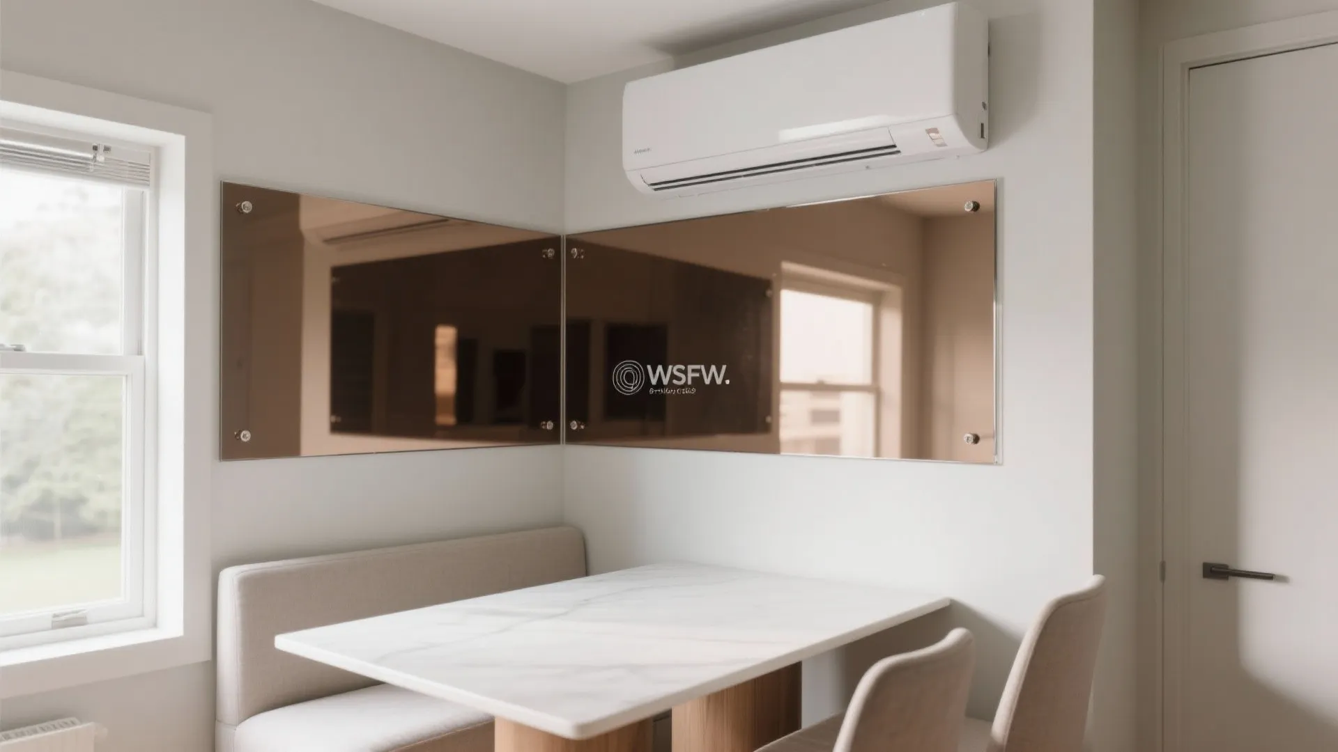 Dining area with marble table and chairs featuring a brown glass wall panel and air conditioner
