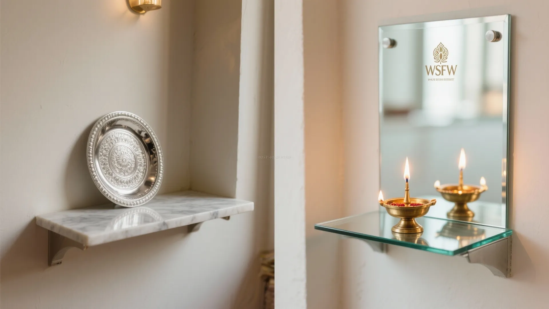 Silver plate on marble shelf and glass shelf with lit brass lamp reflected in mirror