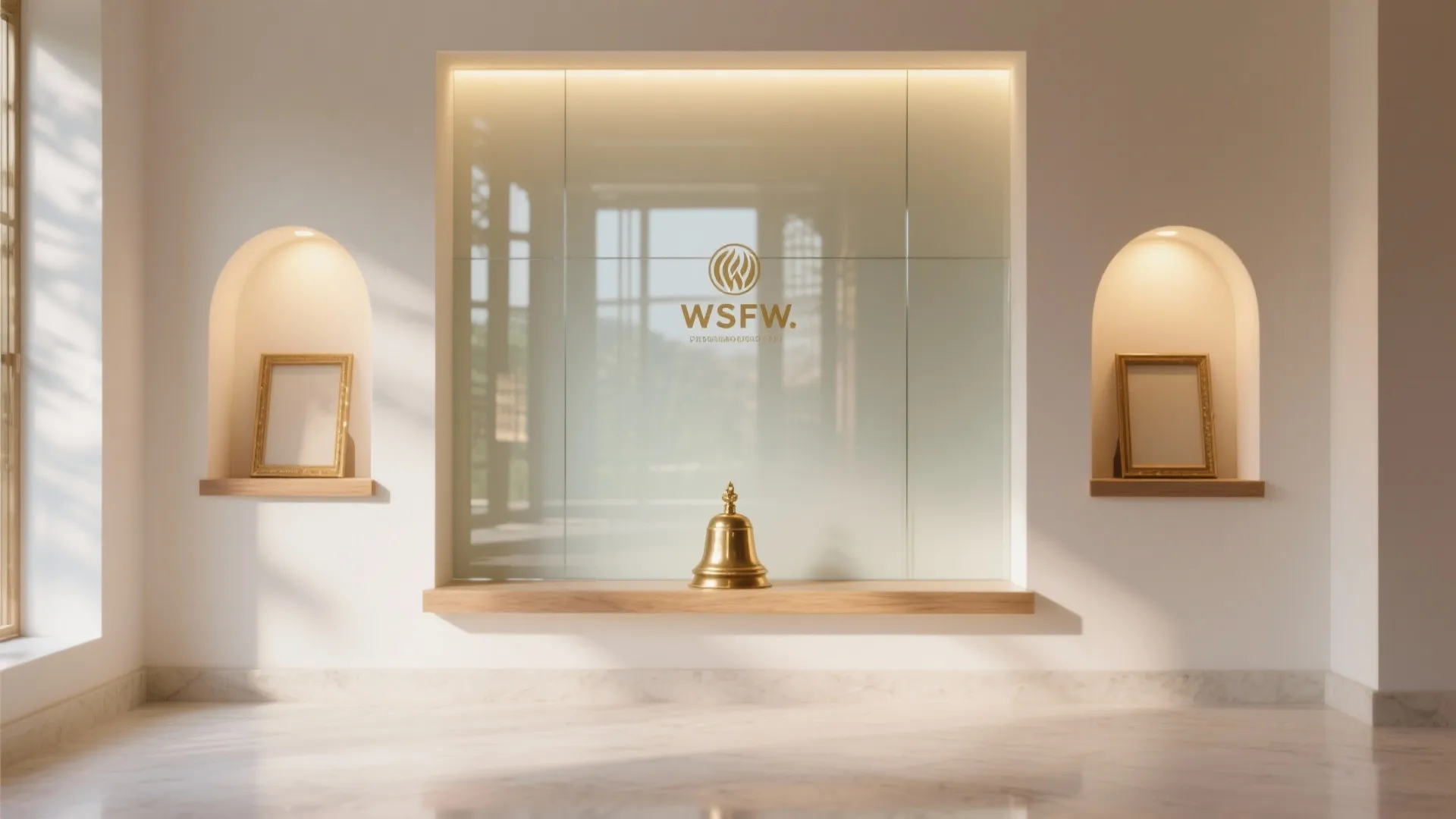 Frosted glass mandir backdrop with lit niches and a slim ledge holding a brass bell, airy and serene.