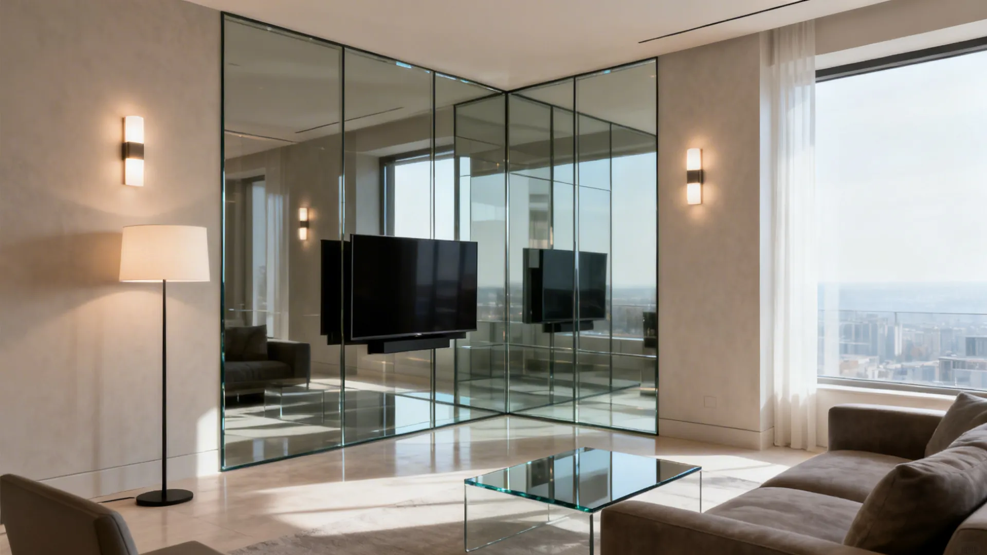 Modern living room with mirrored wall floor lamp wall lights glass coffee table and sofa