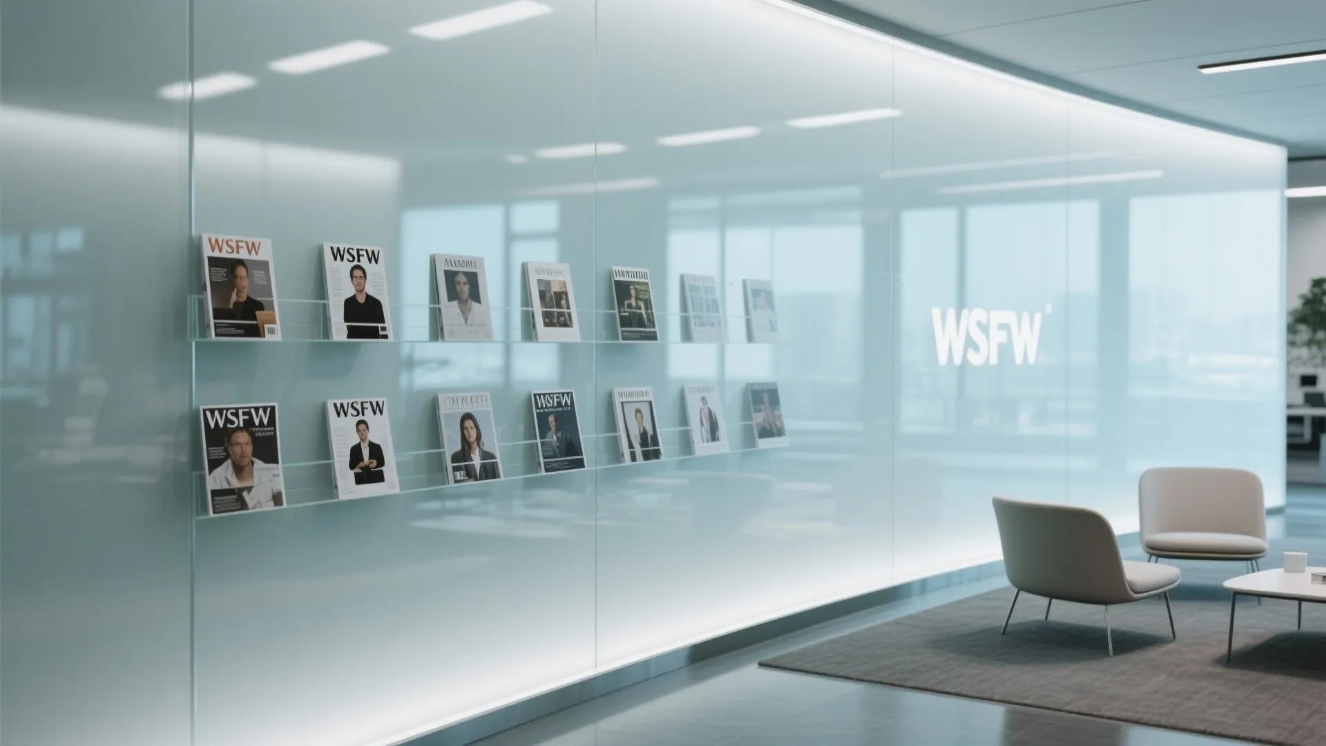 Minimalist office waiting area with glass wall display shelves chairs and light blue interior design