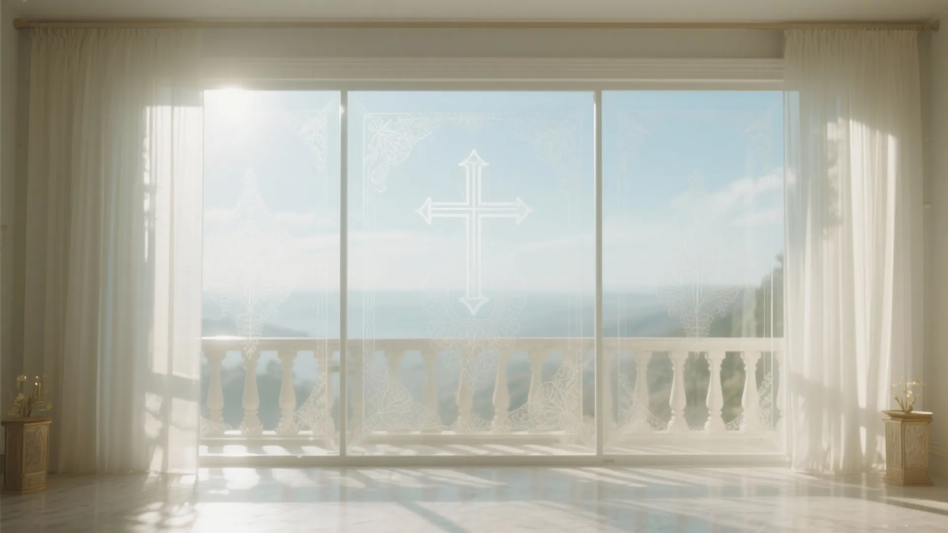 Bright room with large glass windows showing a cross design balcony view and white curtains