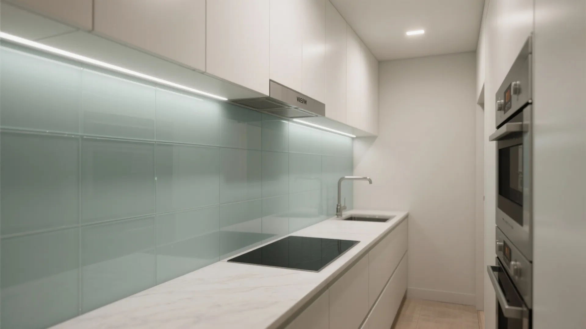Clean white kitchen with light blue glass backsplash silver faucet induction stove and built in oven