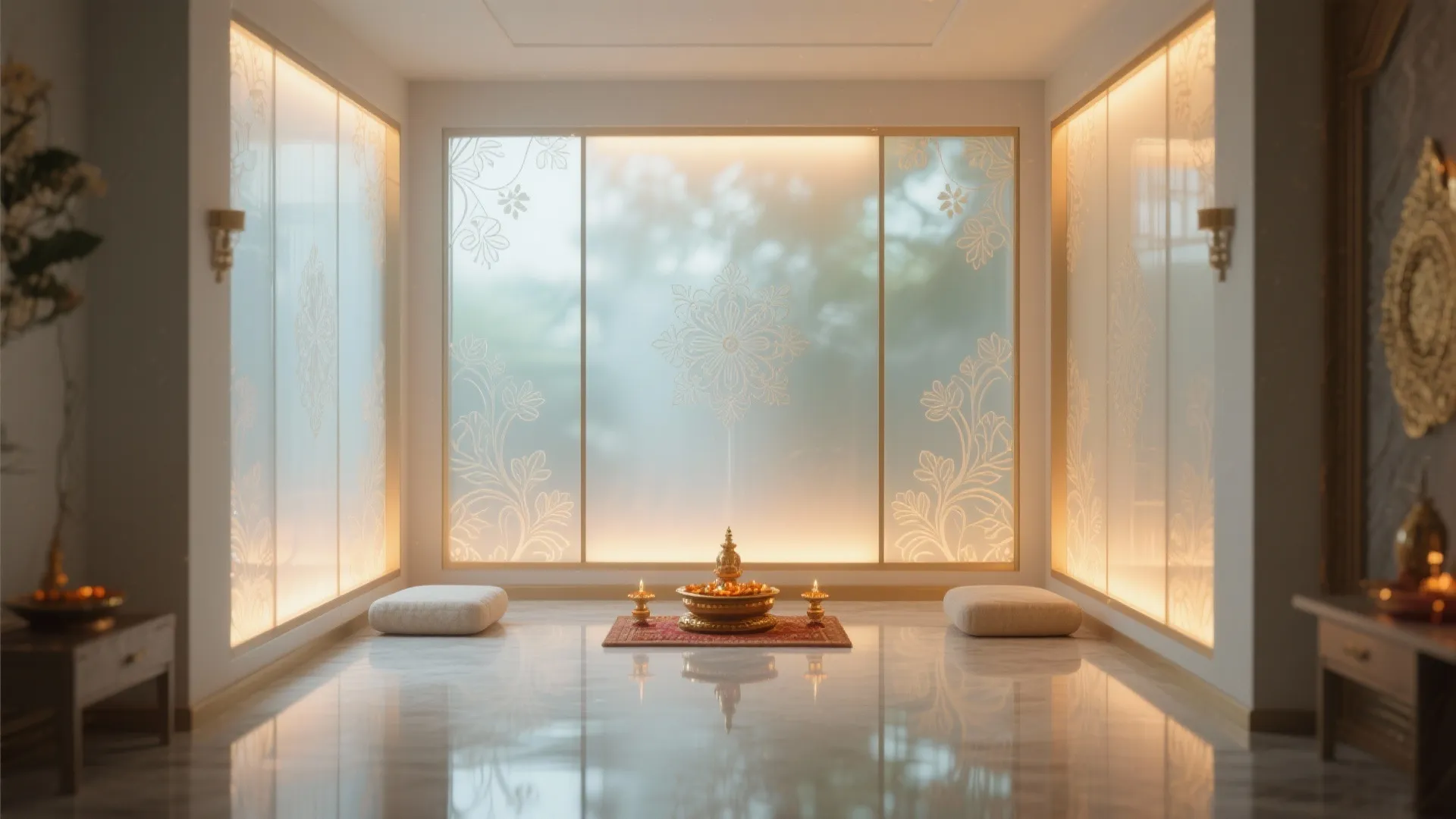 Bright prayer room with frosted glass walls floral patterns marble floor and small floor seating
