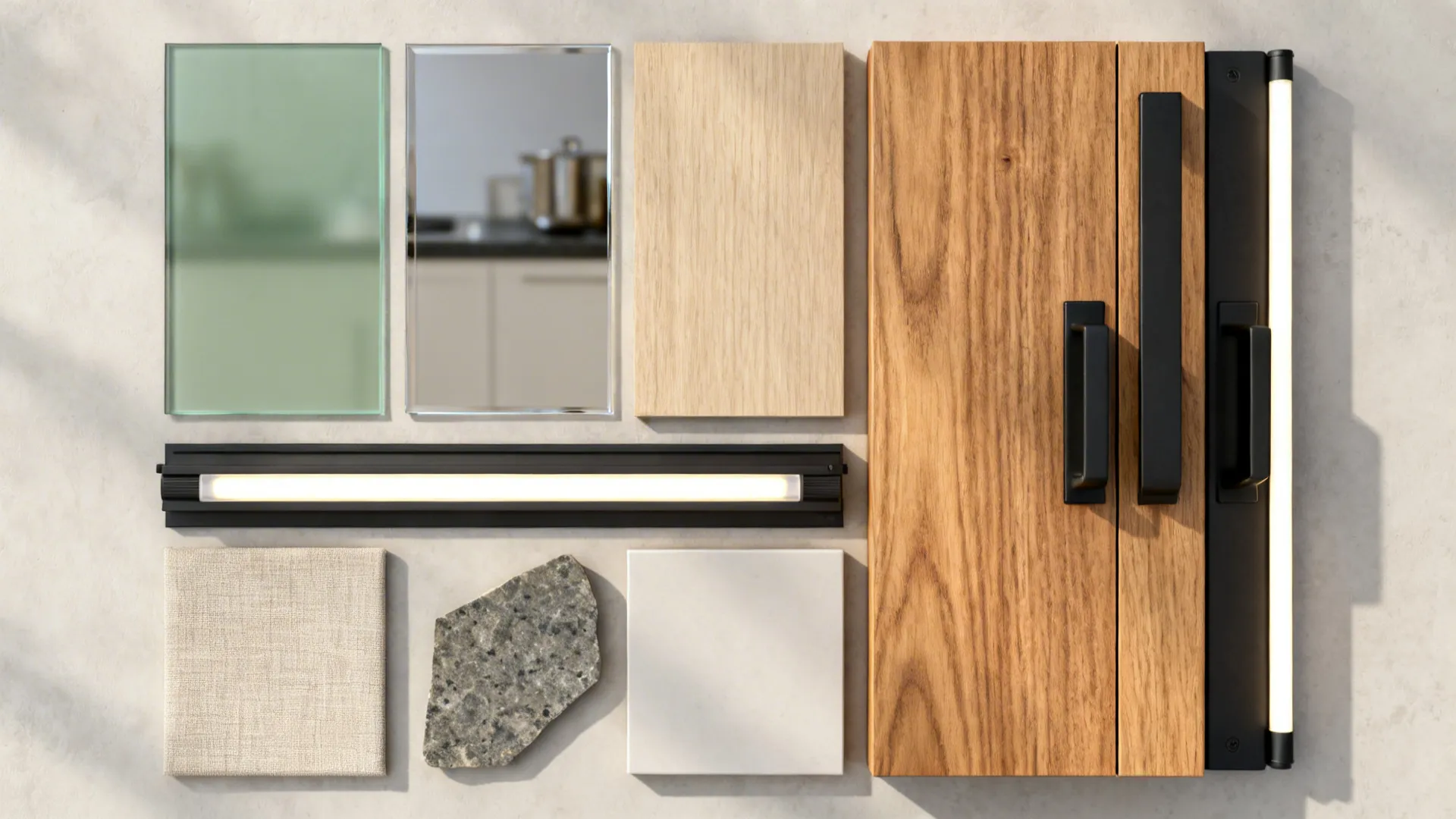 Flat lay of back-painted tea-green glass, smoked mirror, clear glass, oak veneer, and hardware.
