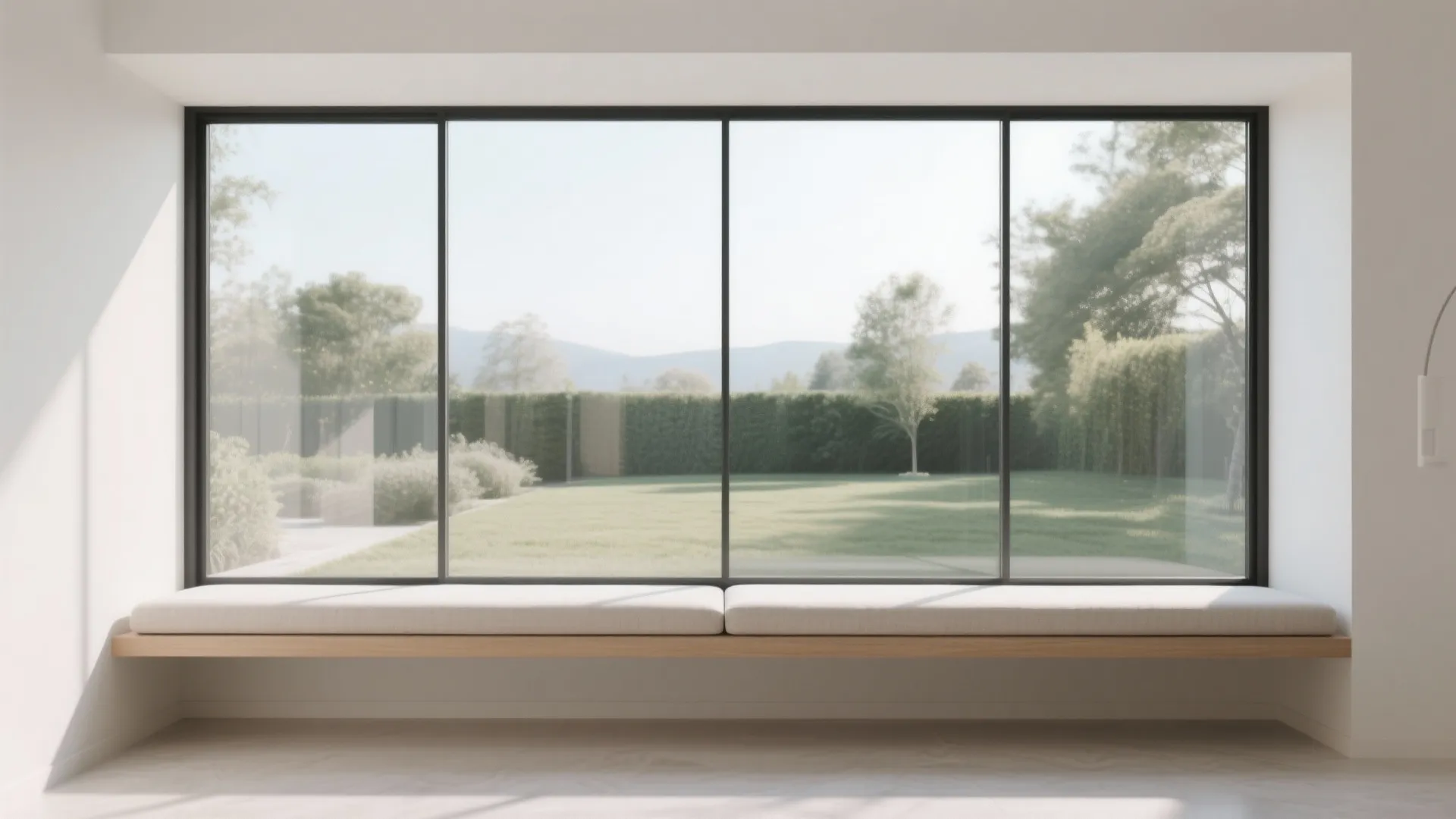 Minimalist wooden window seat with cream cushions facing large glass windows overlooking a green garden