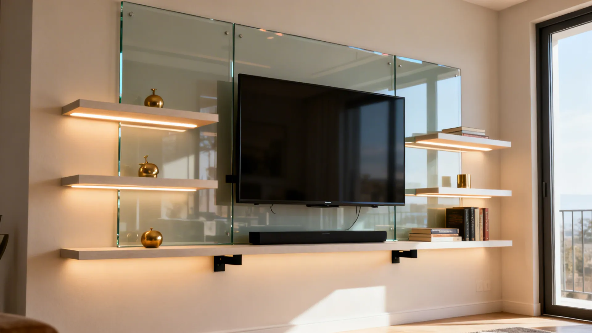 TV wall with low-iron glass backdrop and LED-lit floating shelves in a small living room.