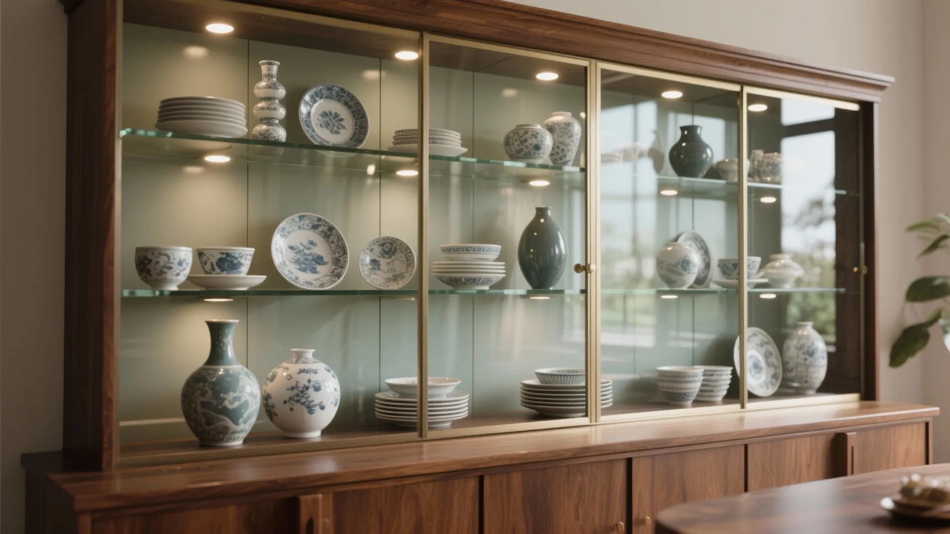 Wooden cabinet with glass doors showing a collection of blue and white plates plus ceramic vases