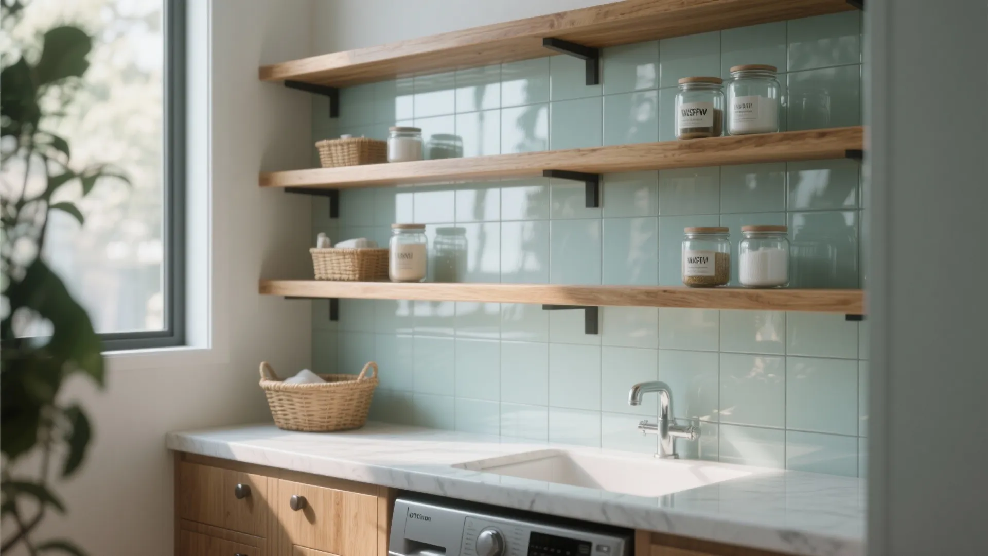 Light blue tiled wall with wooden shelves featuring glass storage jars above a white kitchen sink