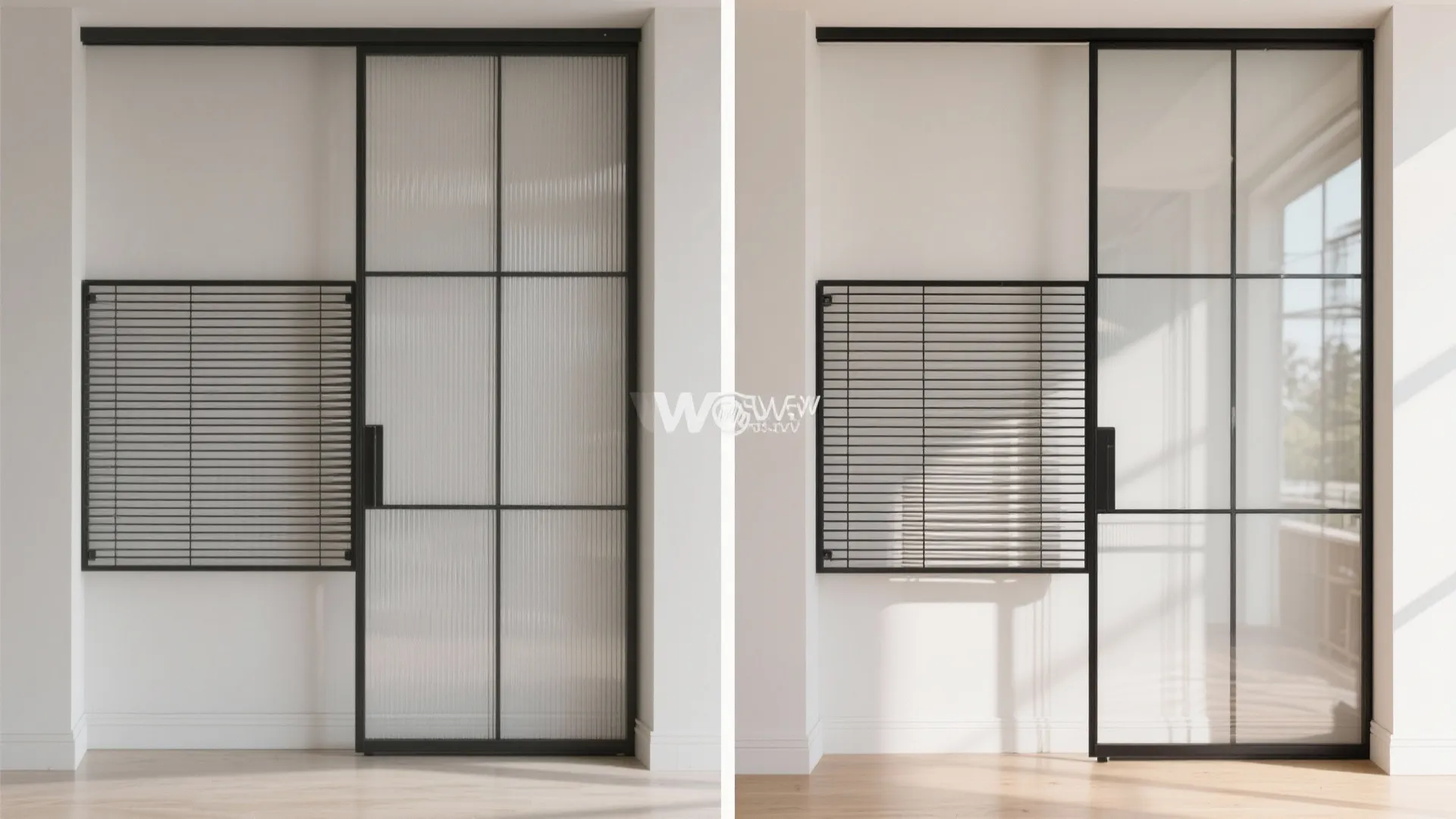 Comparison of a black frame sliding glass door with textured glass versus a clear glass