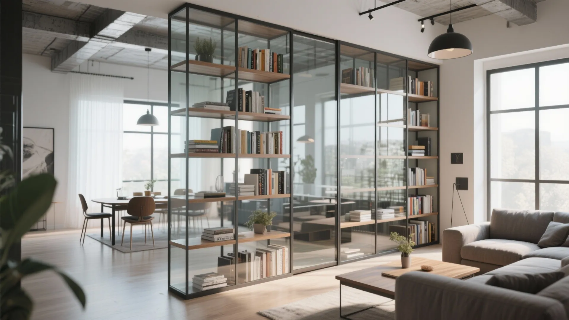 Modern interior featuring glass bookshelf room divider grey sofa dining area and black light fixtures