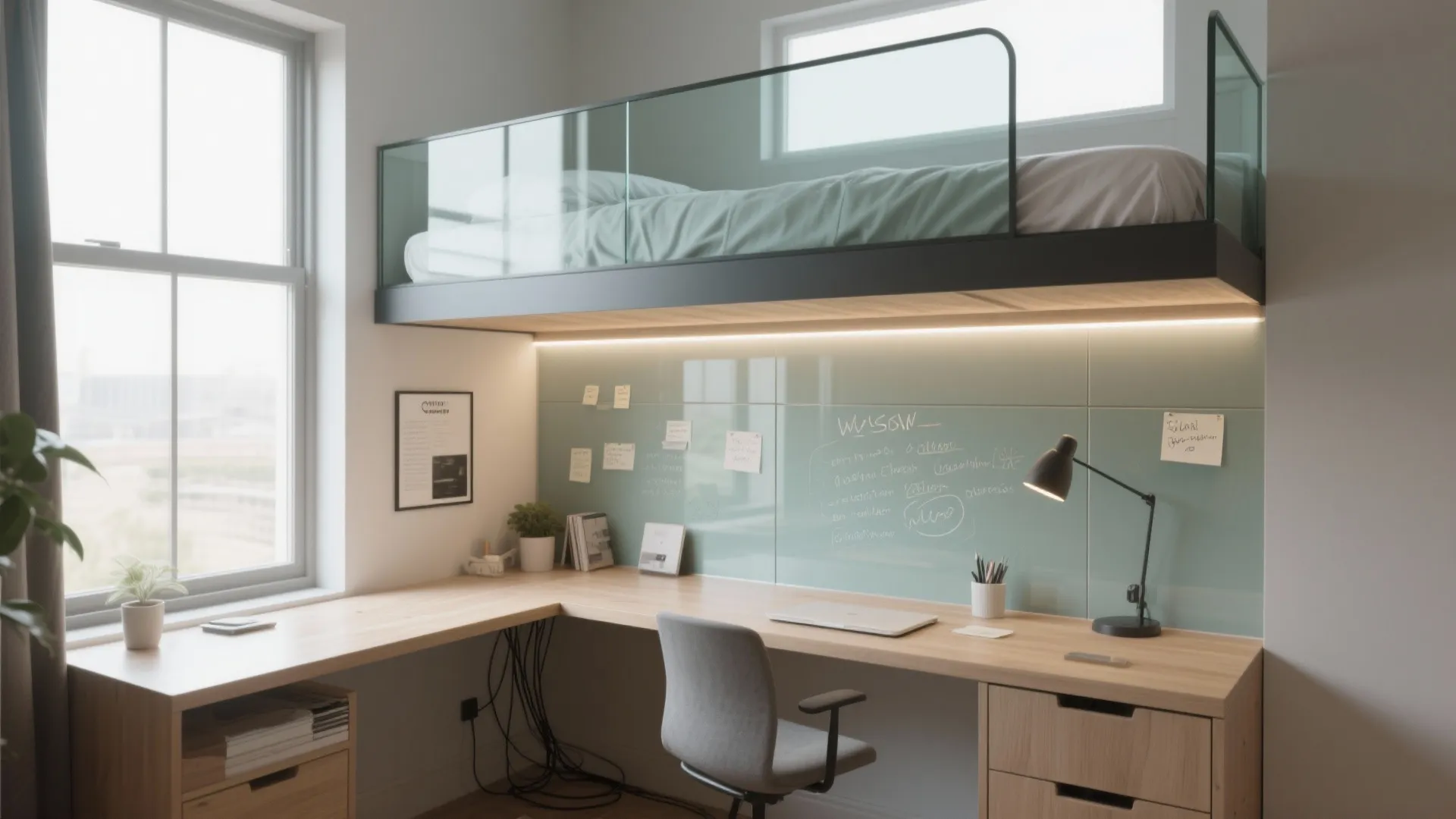 2) Glass-Backed Desk Nook for Daylight Flow