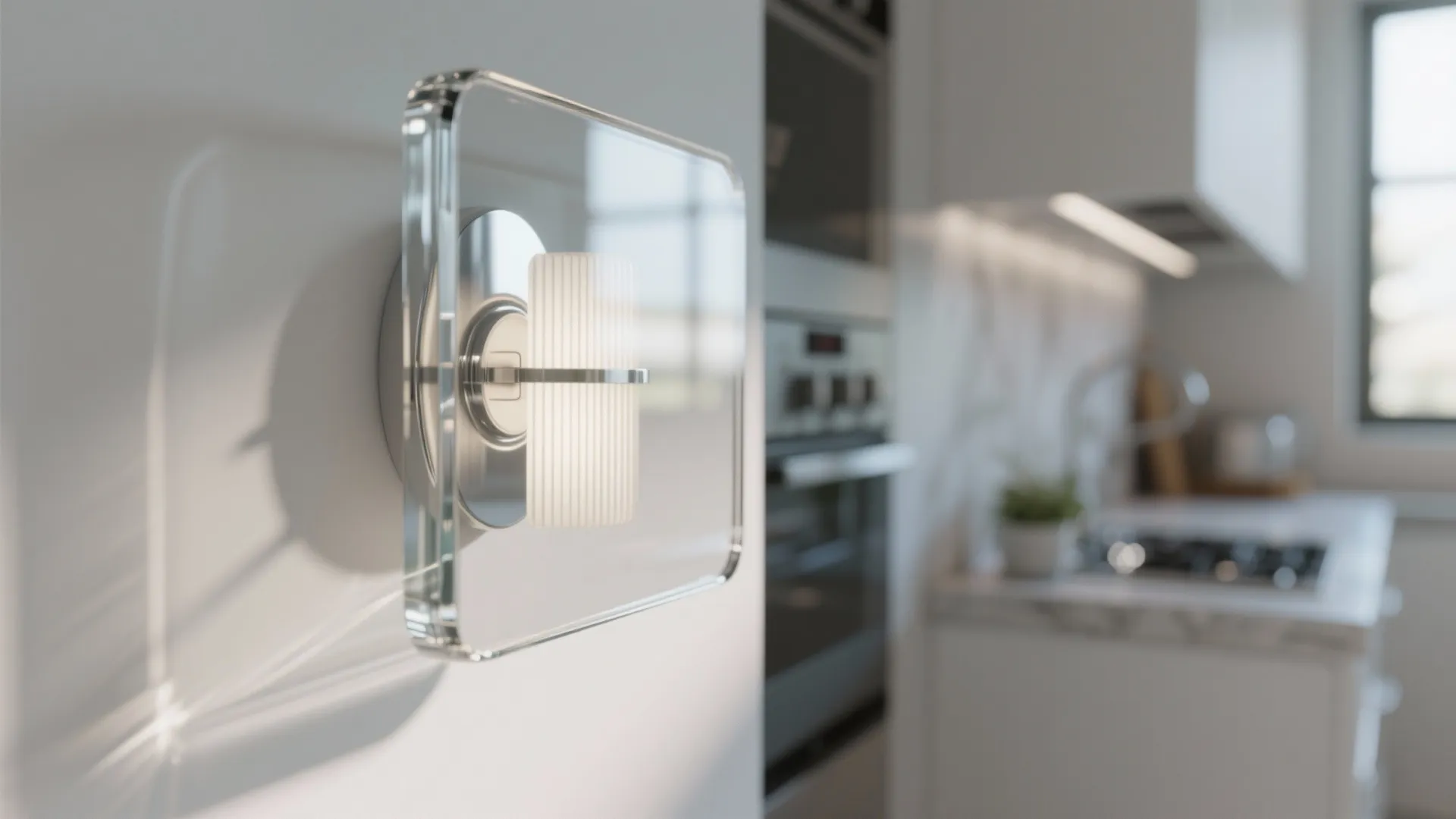 Modern glass wall light on white wall in a kitchen with white cabinets and counter