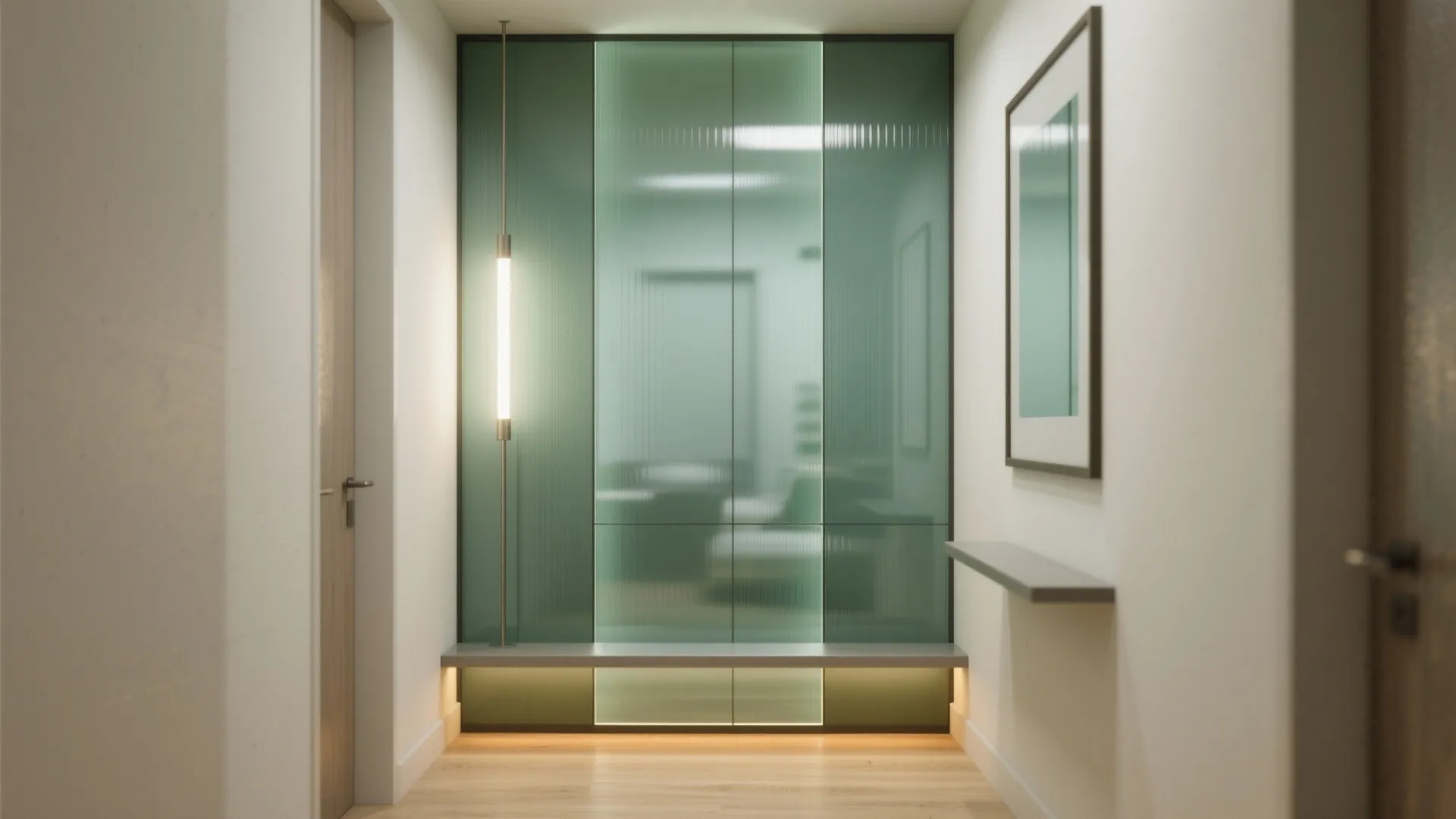 Modern hallway with green glass wall vertical light fixture wooden floor and wall art decoration