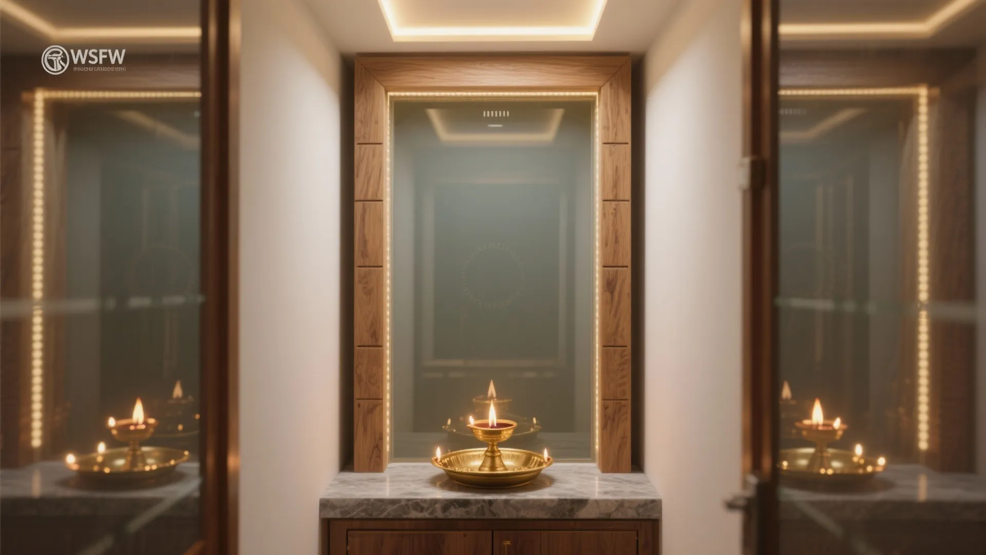 Glass-backed plywood mandir for a lighter, airy feel