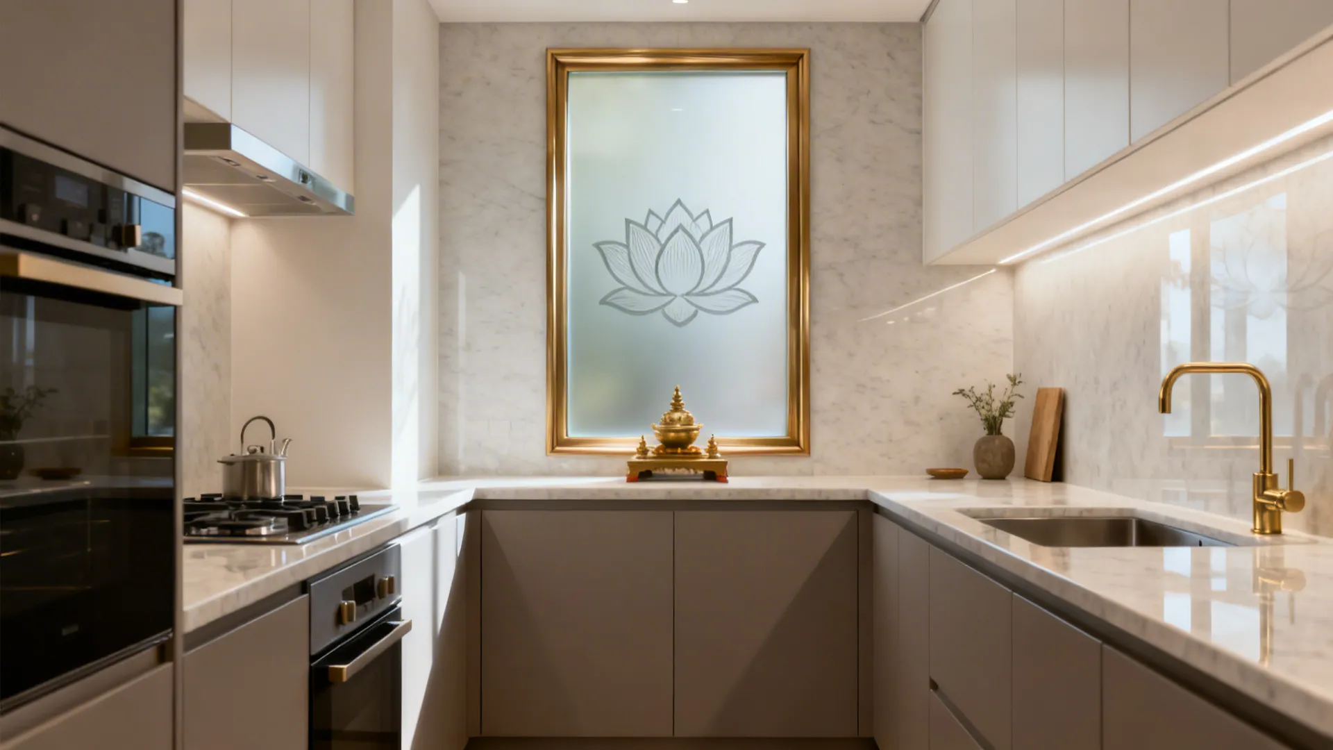 Glass-backed mandir with satin glass and brass frame reflecting soft light in a small kitchen.