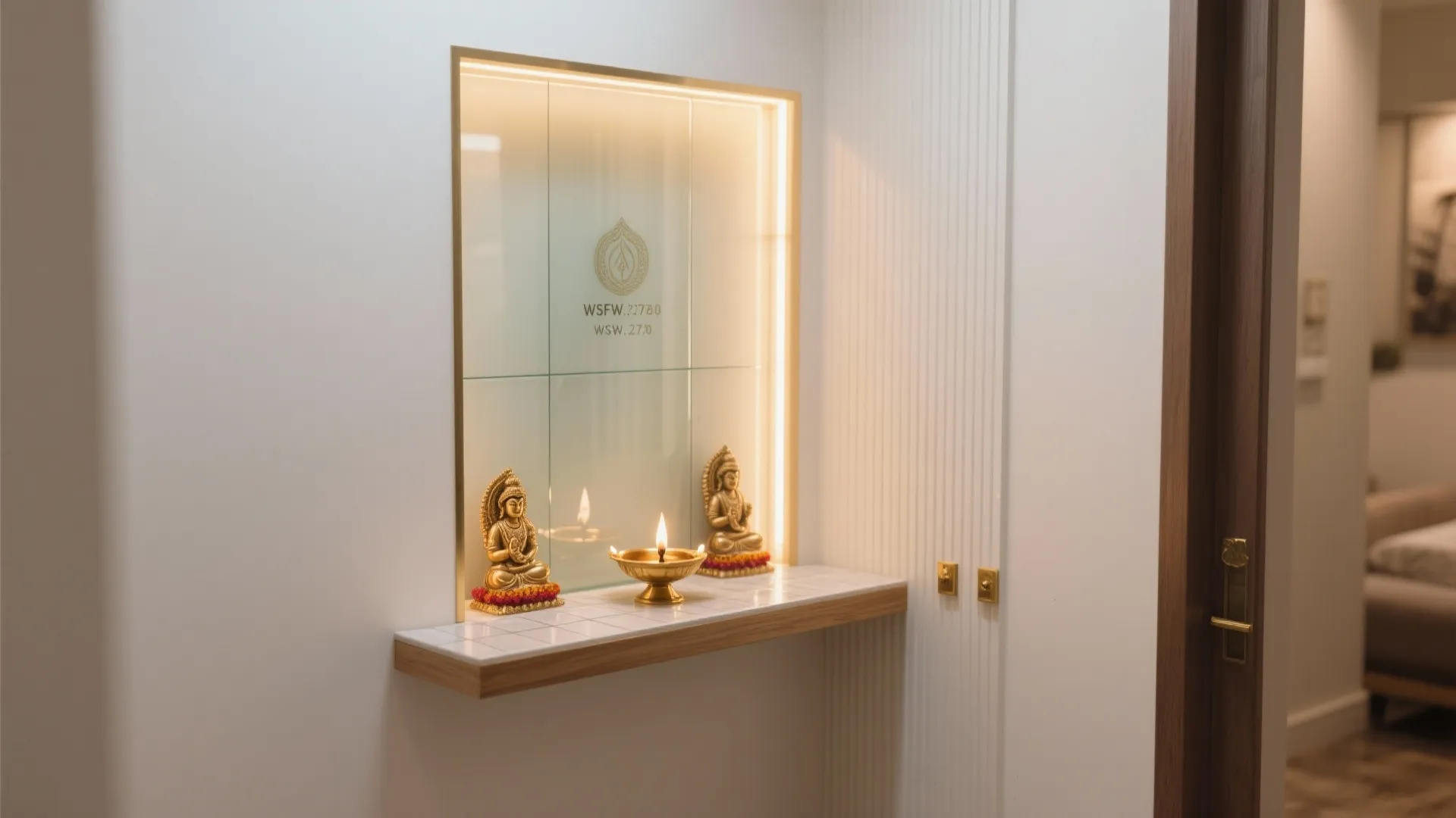 Glass-backed corner pooja niche with diffused warm lighting in a narrow hallway.
