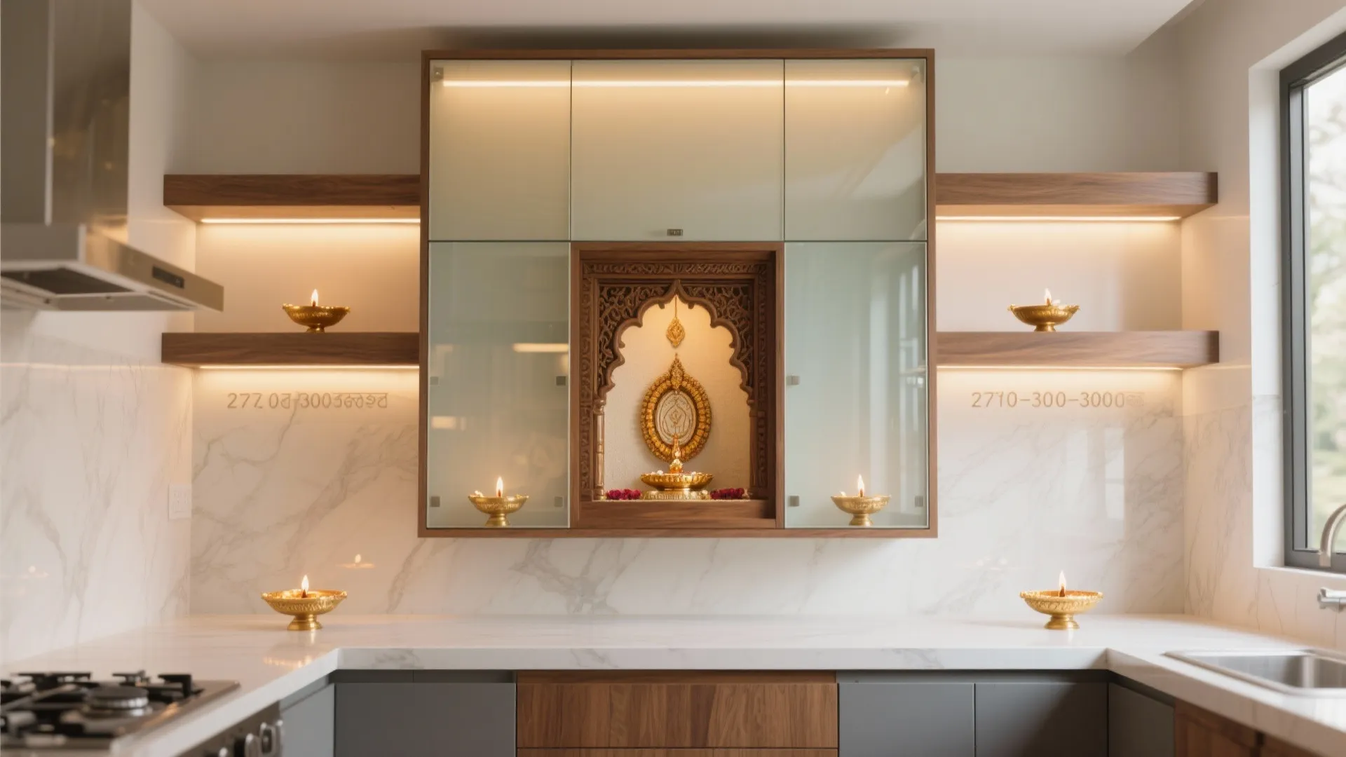 Contemporary kitchen design with marble wall panels featuring wooden shelves and a glass prayer cabinet
