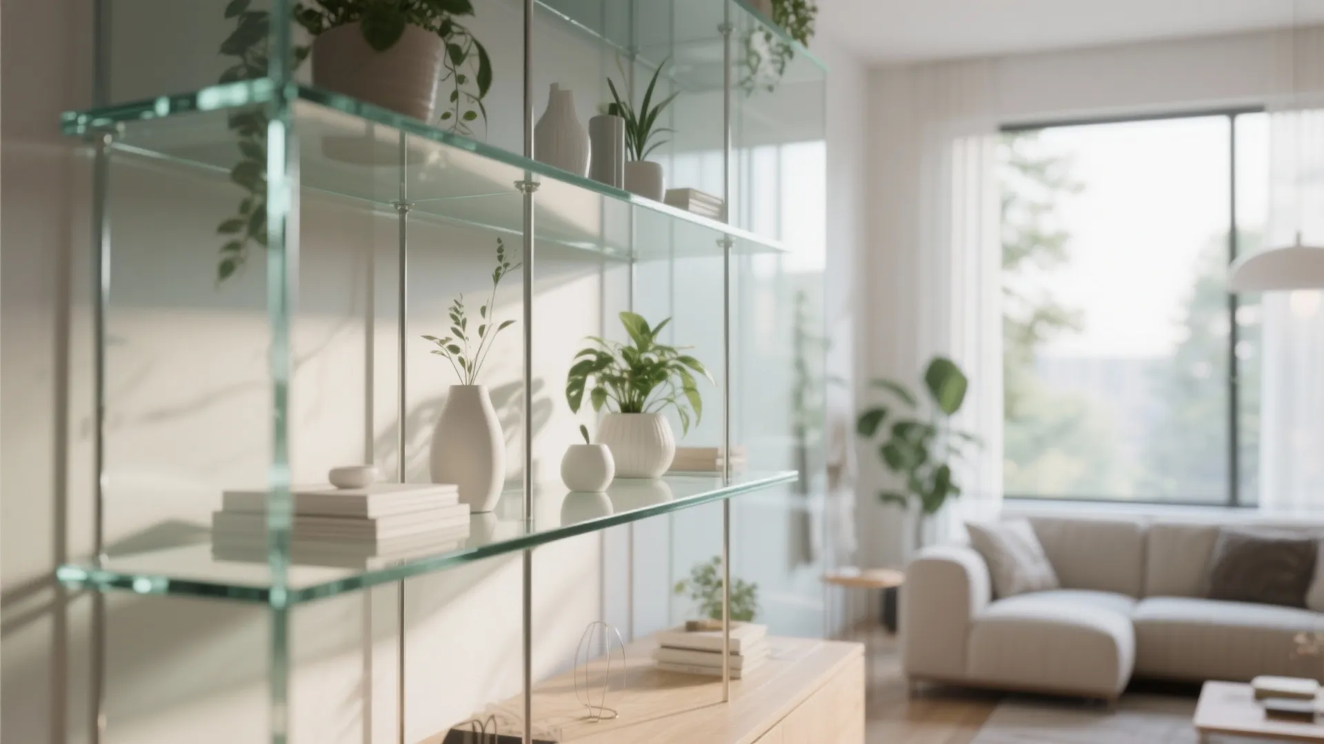 Minimalist living room featuring glass shelves with plants and books near a modern white sofa