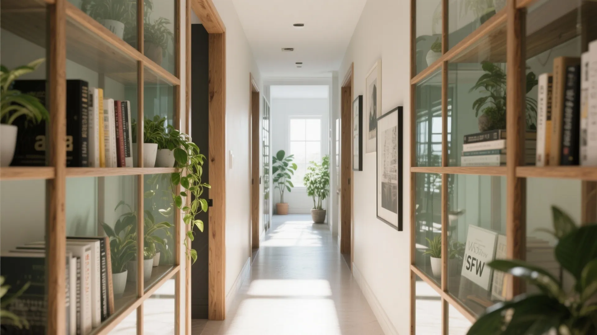 Long bright white hallway with wooden bookshelves holding green plants and books under natural sunlight