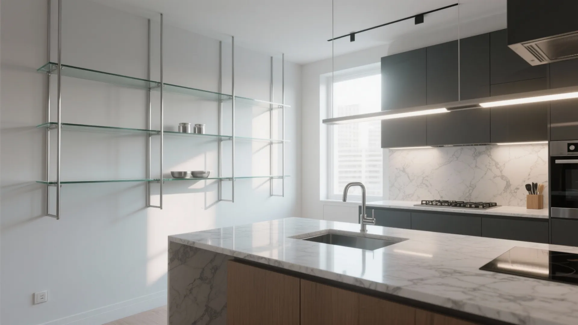 Modern kitchen with marble island sink and open glass shelves against a plain white wall