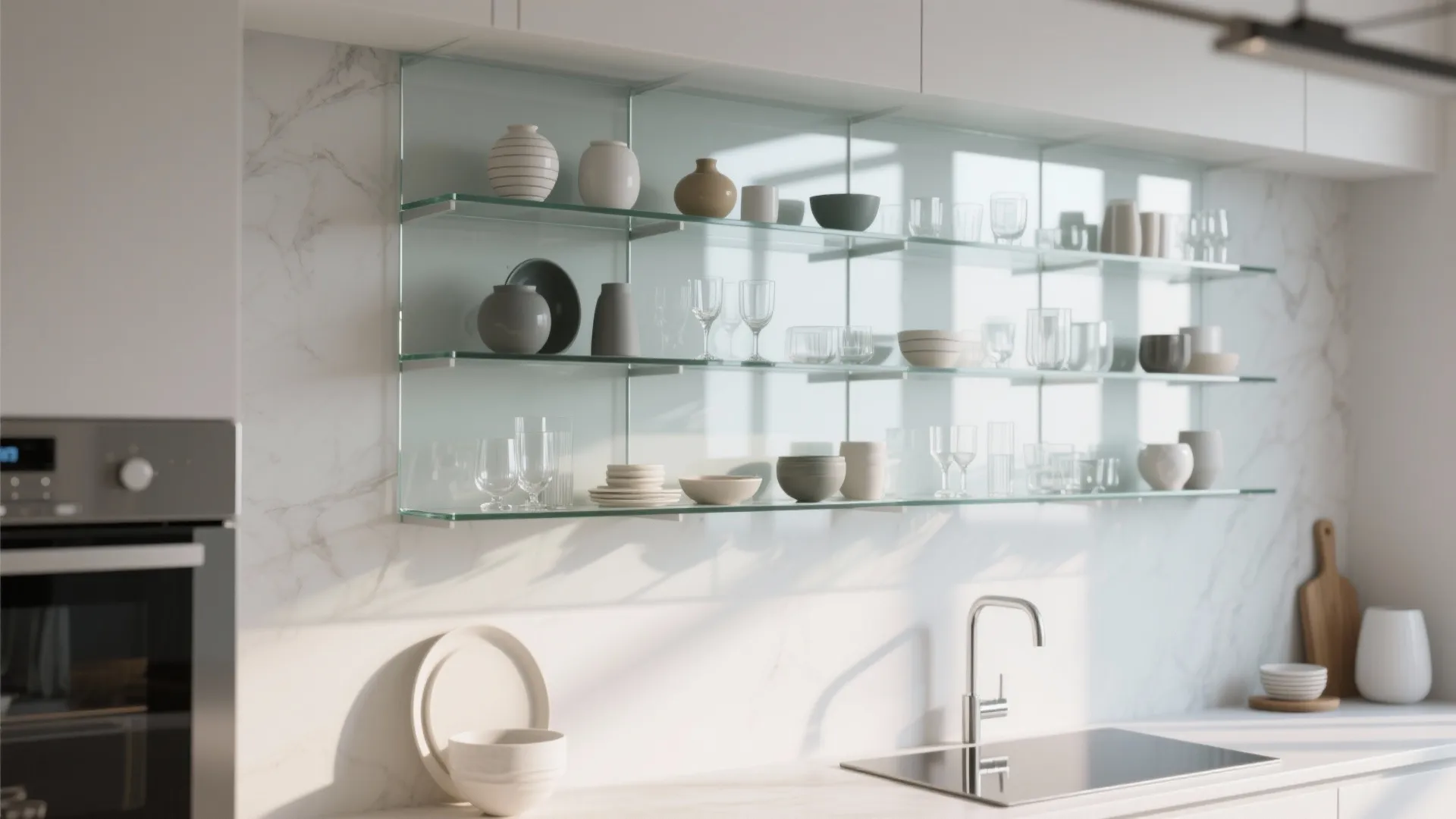 Minimalist white kitchen featuring clear glass wall shelves holding various ceramic bowls and drinking glasses