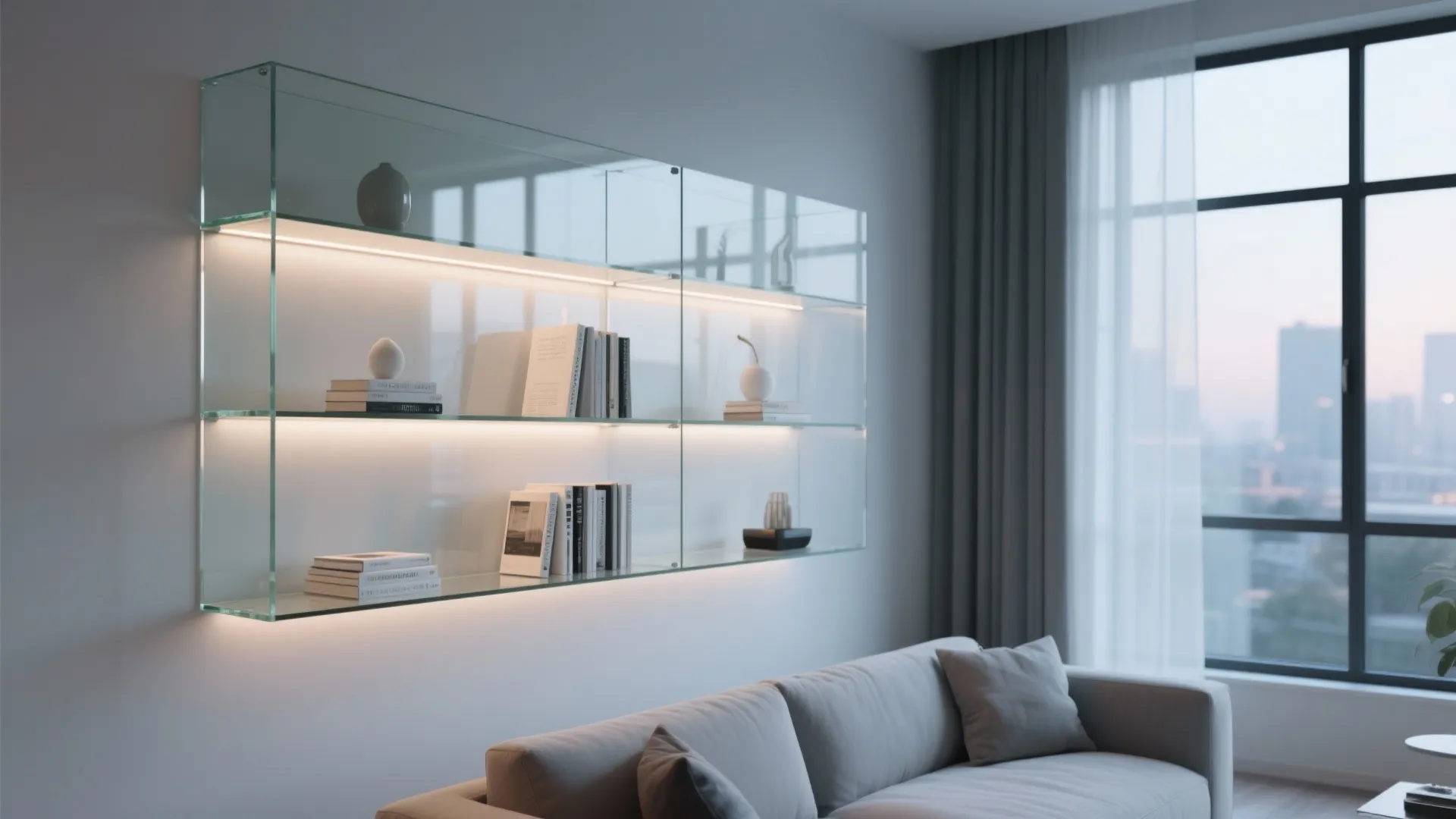 Modern glass wall cabinet with light fixture inside showing books above a grey living sofa