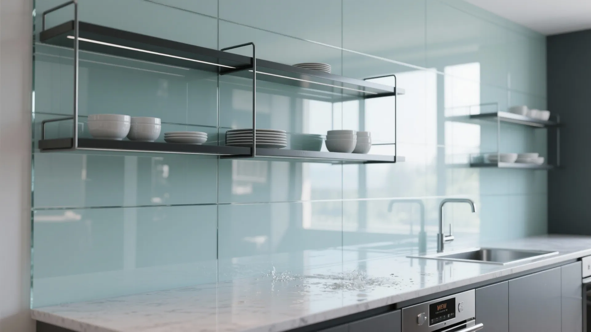Slim metal shelves mounted before a full-height glass backsplash that reflects light and extends sightlines.