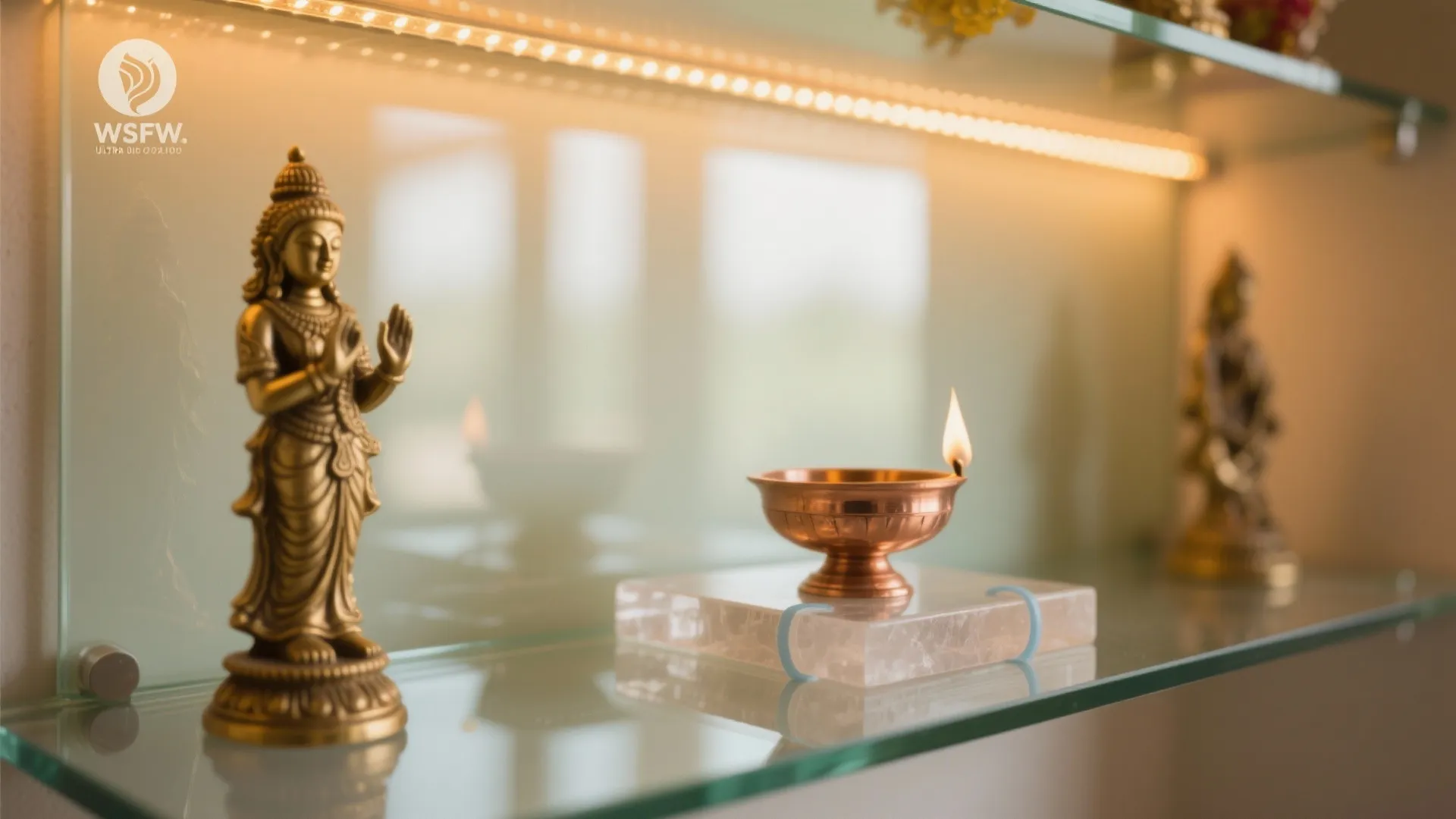 Close-up of a pooja shelf with frosted tempered glass back and warm LED glow accenting brass decor.