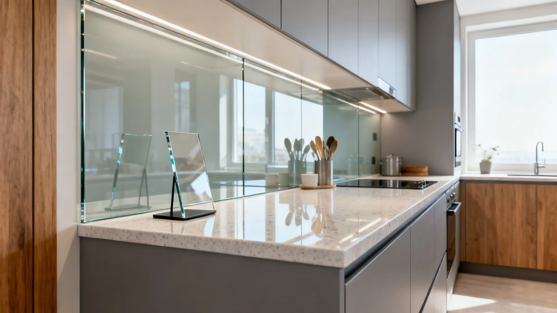 Shallow side stand with a low-iron tempered glass backsplash brightening a narrow kitchen.
