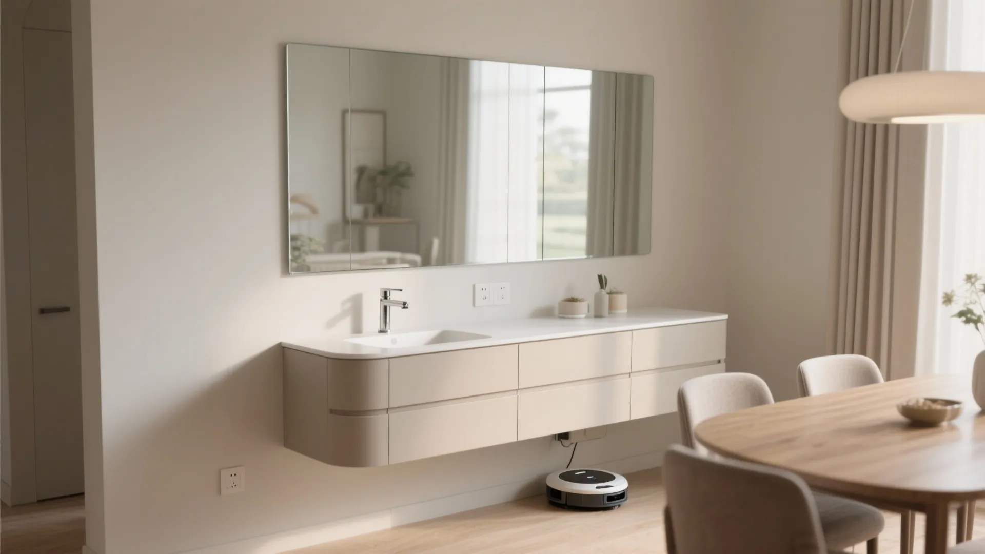 5) Glass-backed wall-hung vanity for light and depth