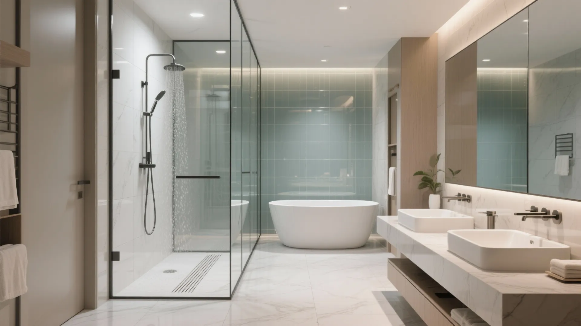 2) Glass-backed walk-in with integrated soaking tub