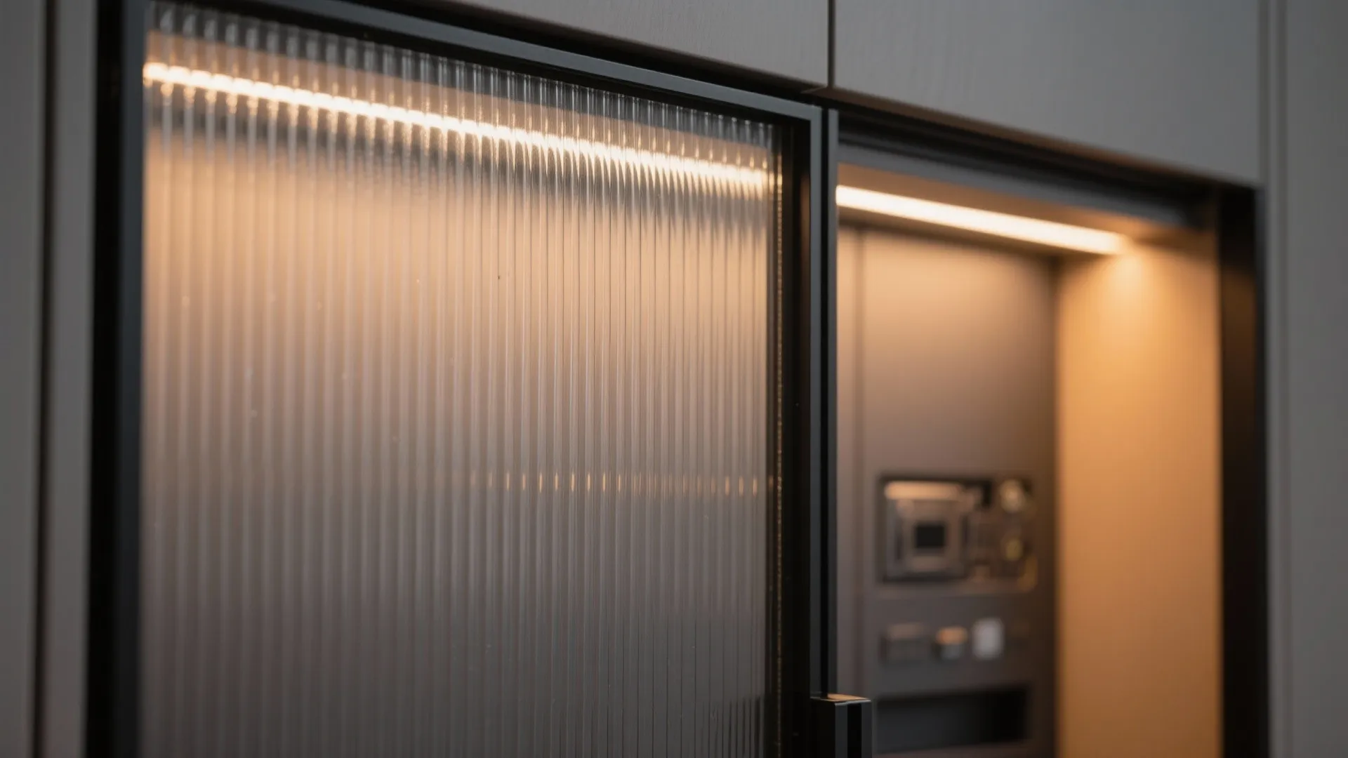 Close up view of kitchen cabinet with glass door and built in warm light fixture