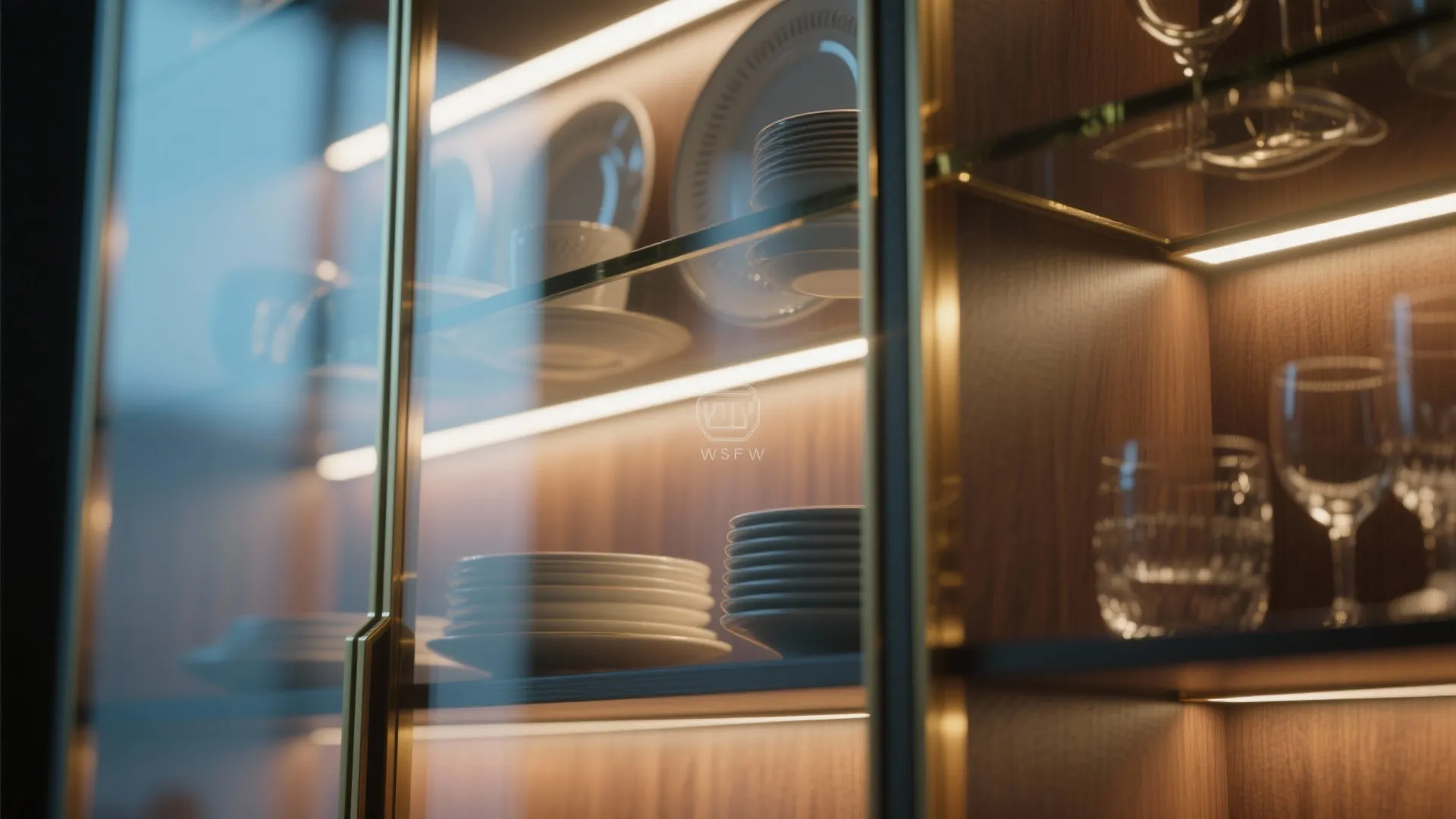 Wooden kitchen cabinet with glass doors interior light strips showing organized glass cups and plates