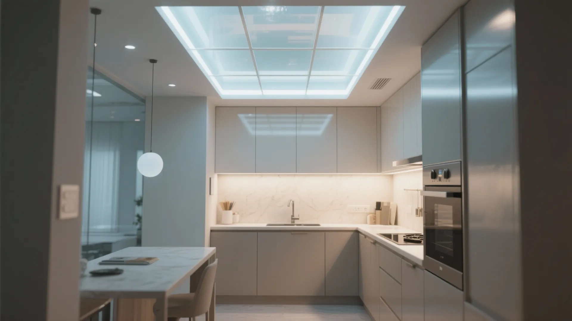 Modern white kitchen with glass backlit ceiling light fixture marble backsplash and grey cabinets design drawing