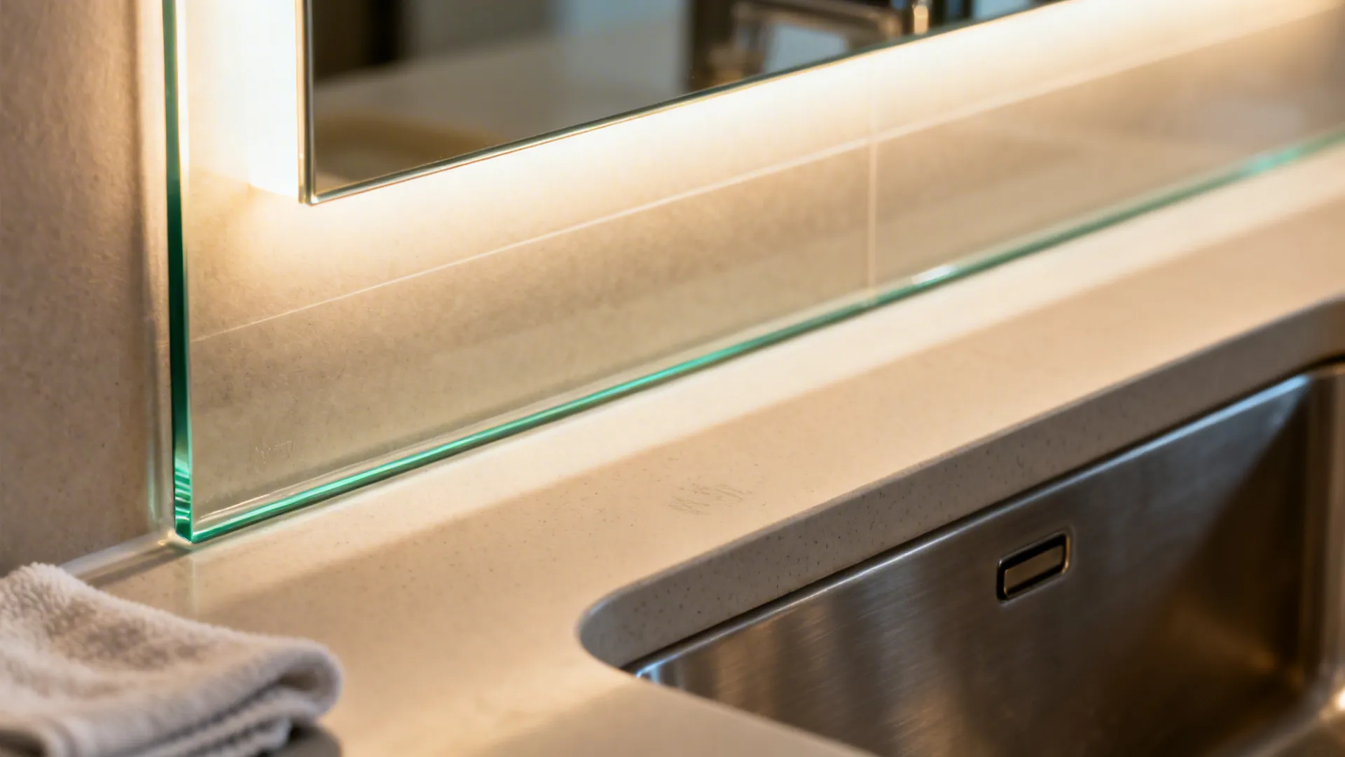 Close-up of sealed low-iron glass backsplash and warm backlit mirror above a slim basin.