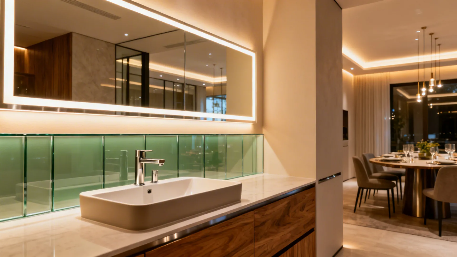Dining corner with a low-iron glass backsplash and a warm backlit mirror above a narrow basin.