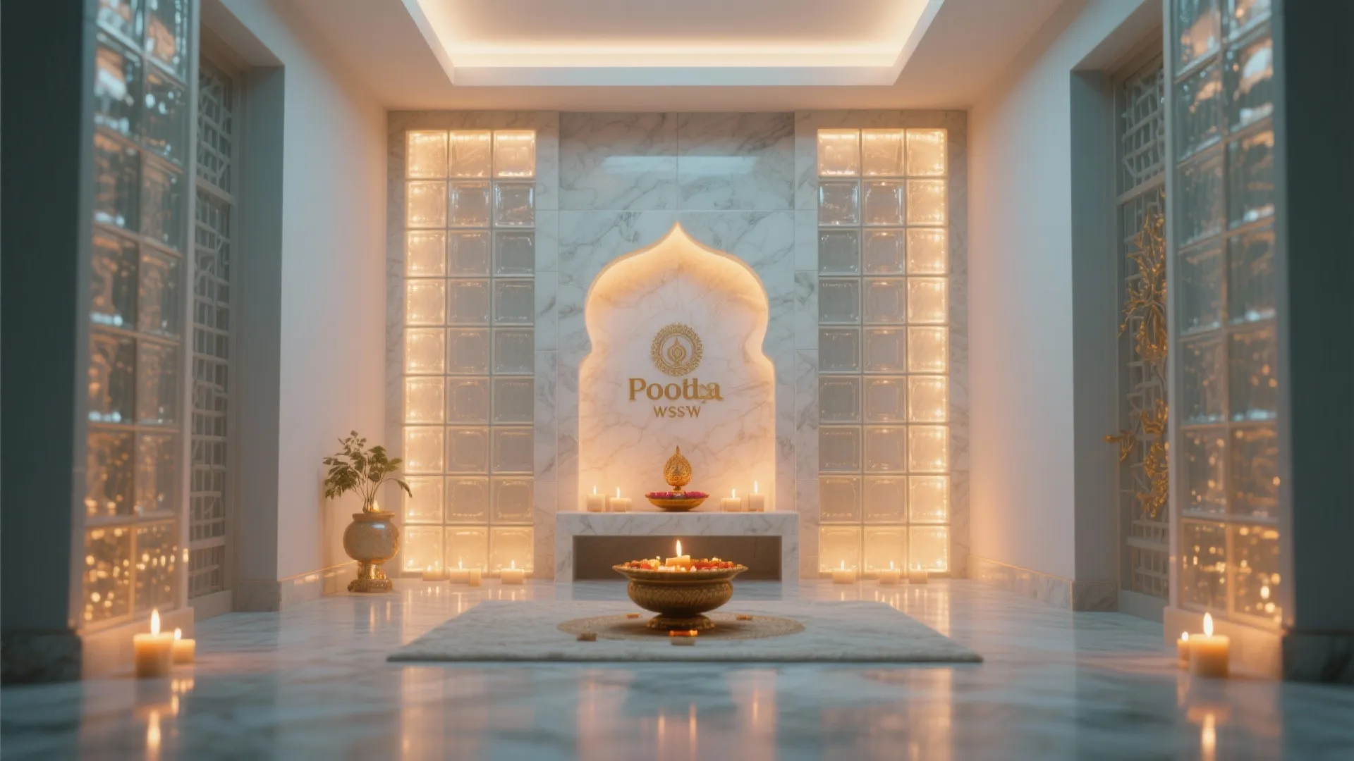 Modern prayer room design with marble walls glowing glass panels and many small warm candles