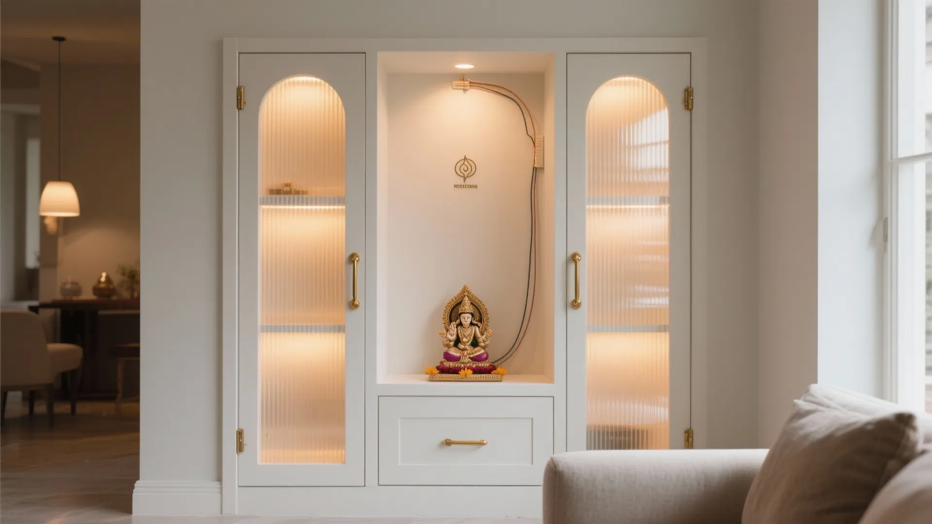 Modern white prayer cabinet with arched glass doors gold handles and a central lit statue